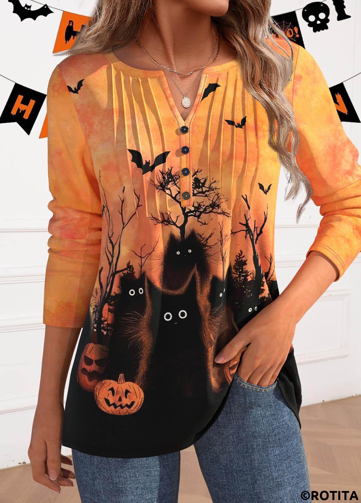 Neon Orange tops,Christmas tops,ROTITA Halloween Button Neon Orange T Shirt