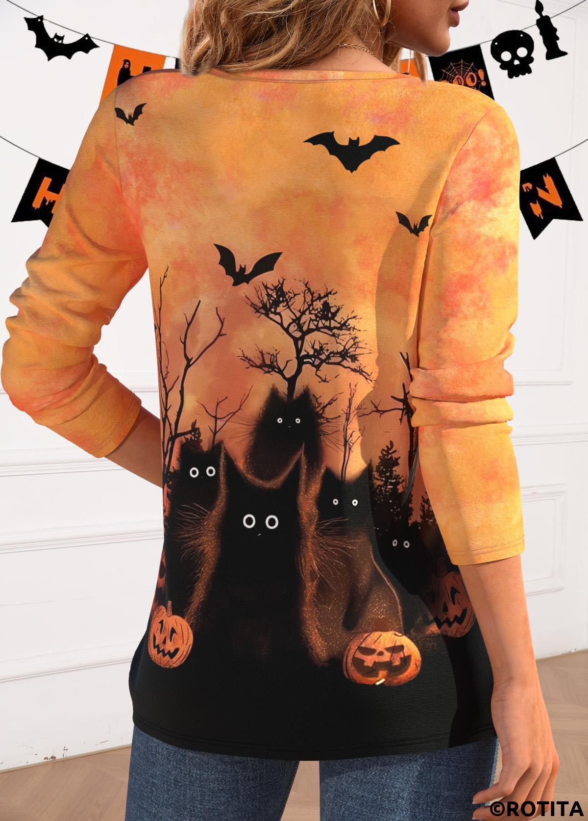 Neon Orange tops,Christmas tops,ROTITA Halloween Button Neon Orange T Shirt