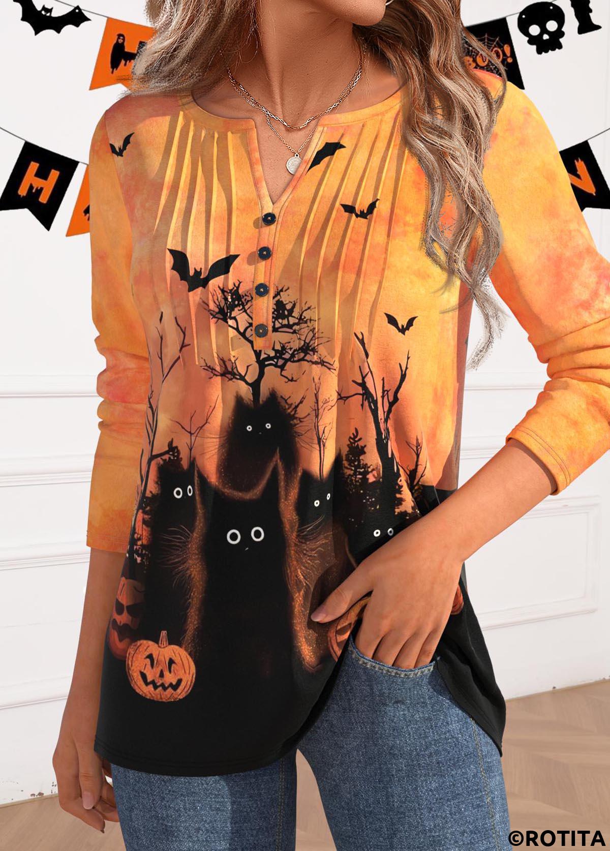 Neon Orange tops,Christmas tops,ROTITA Halloween Button Neon Orange T Shirt