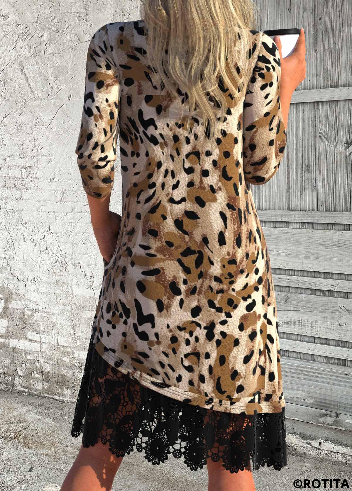 Dark Coffee dresses,Leopard dresses,Everyday dresses,Casual dresses,ROTITA Patchwork Leopard Dark Coffee A Line V Neck Dress