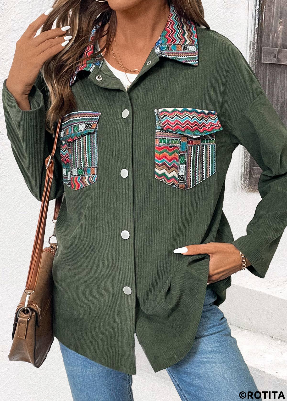Green tops,Tribal tops,ROTITA Corduroy Tribal Print Green Turn Down Collar Coat