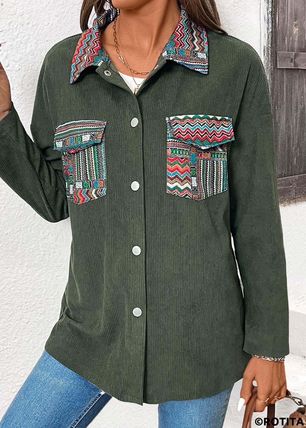 Green tops,Tribal tops,ROTITA Corduroy Tribal Print Green Turn Down Collar Coat