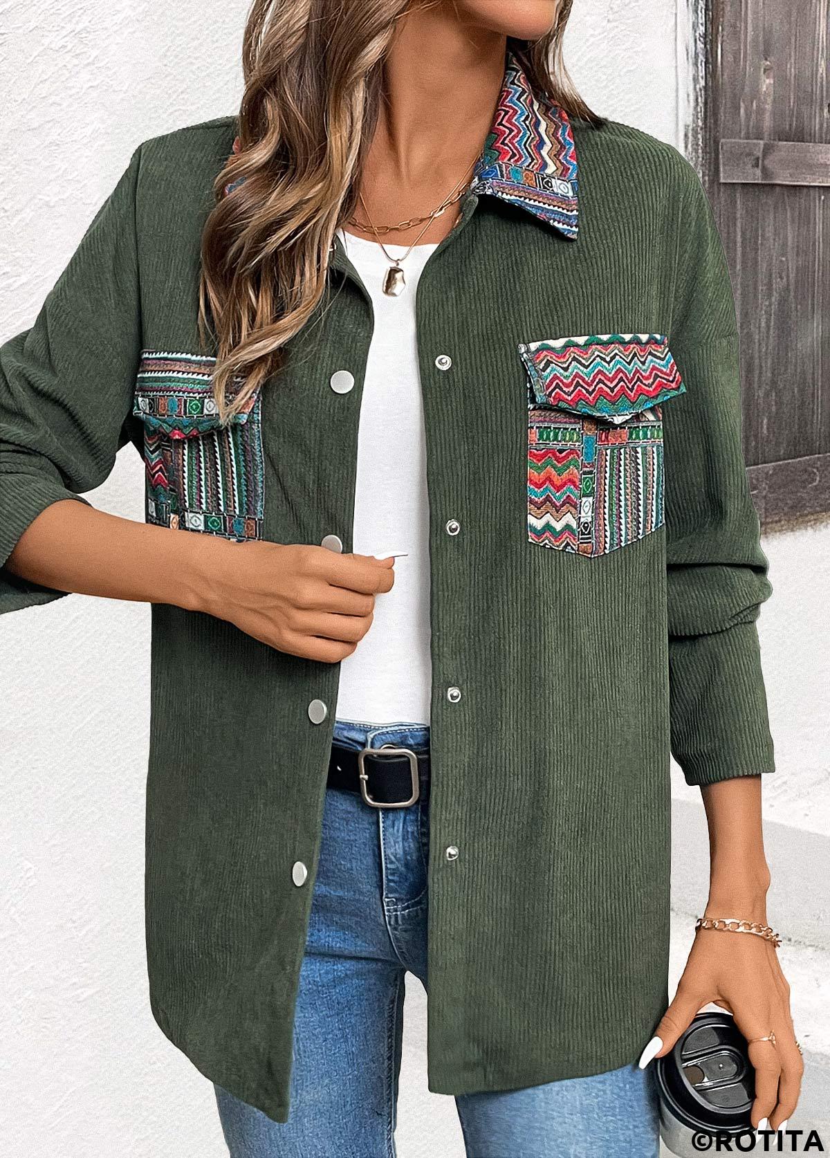 Green tops,Tribal tops,ROTITA Corduroy Tribal Print Green Turn Down Collar Coat