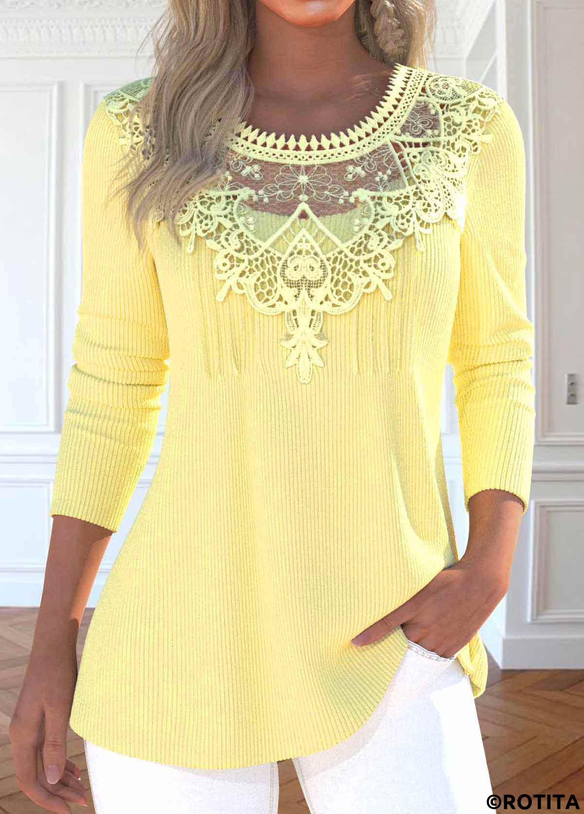 Light Yellow tops,Plain Color tops,ROTITA Patchwork Light Yellow Round Neck Long Sleeve T Shirt