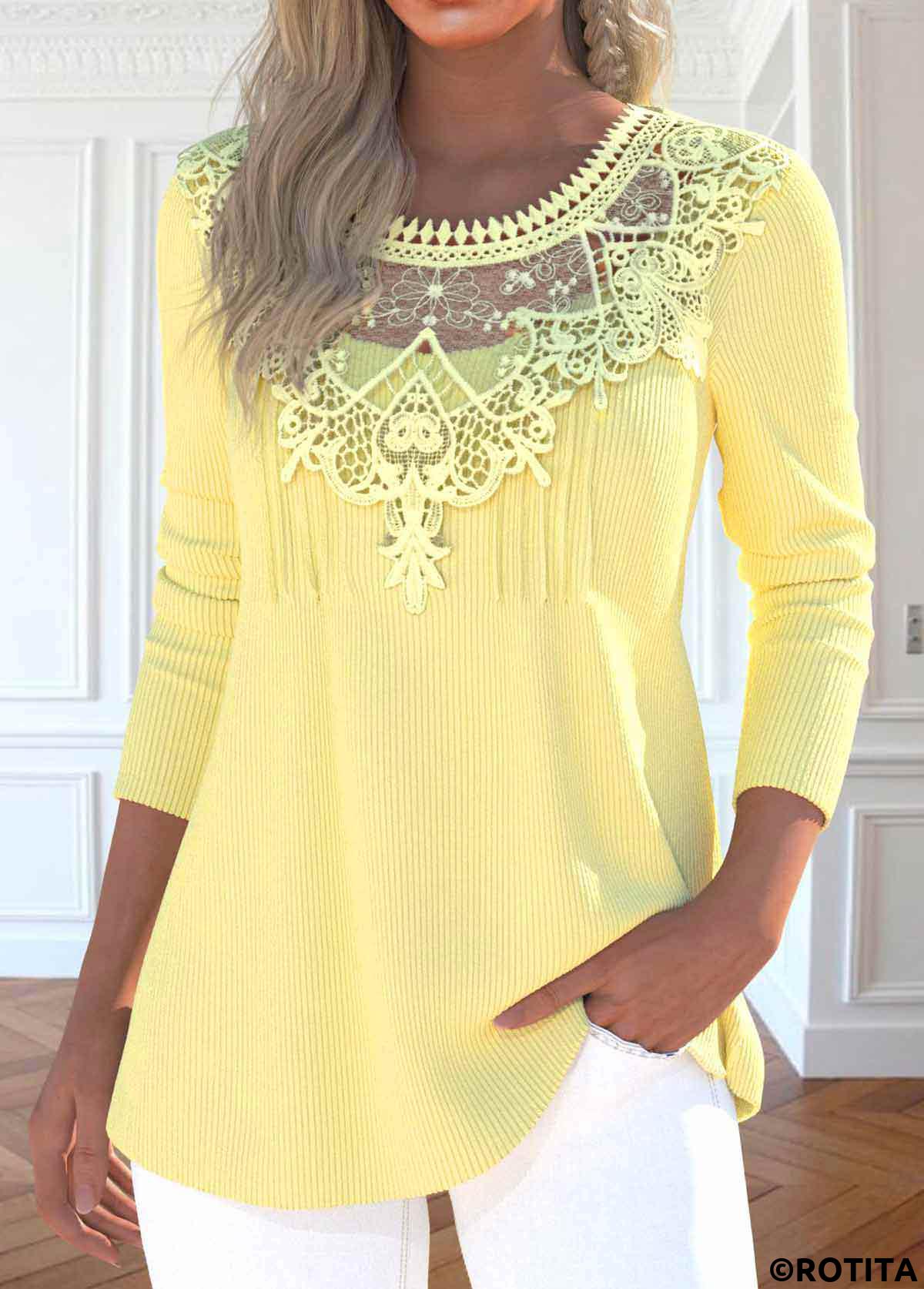 Light Yellow tops,Plain Color tops,ROTITA Patchwork Light Yellow Round Neck Long Sleeve T Shirt