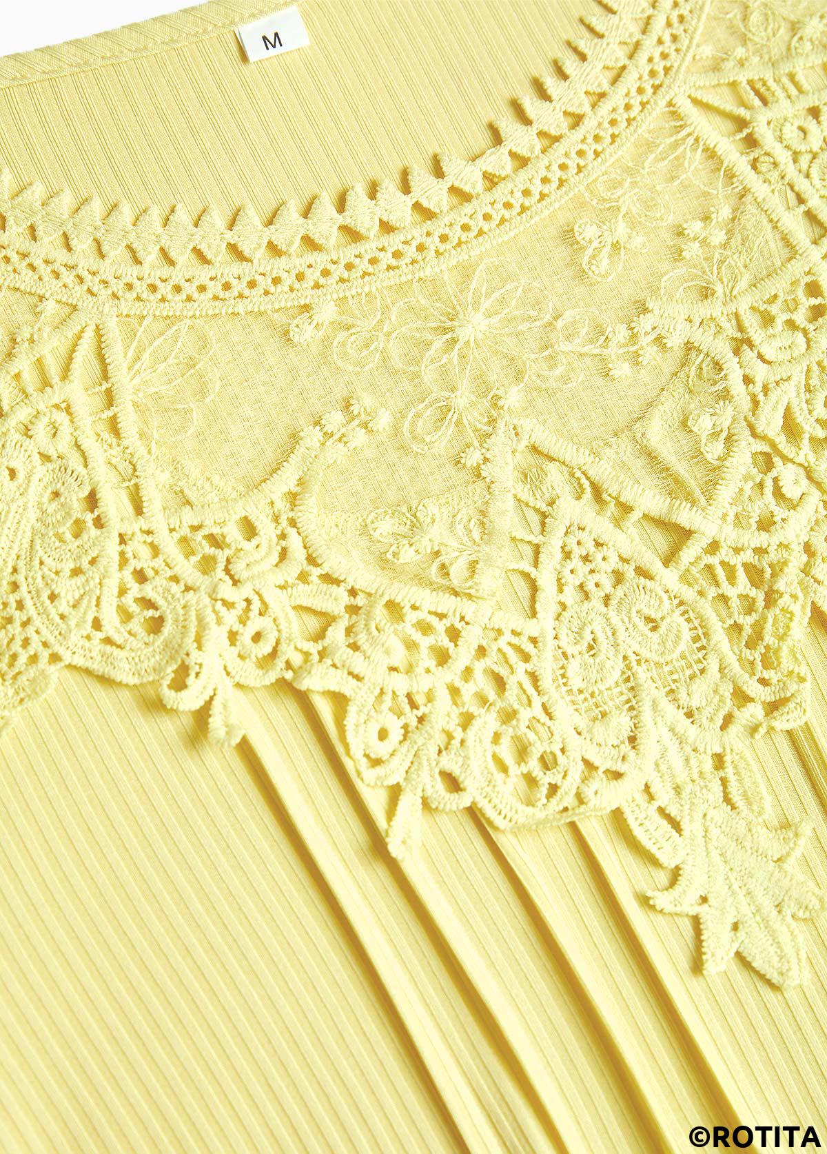 Light Yellow tops,Plain Color tops,ROTITA Patchwork Light Yellow Round Neck Long Sleeve T Shirt