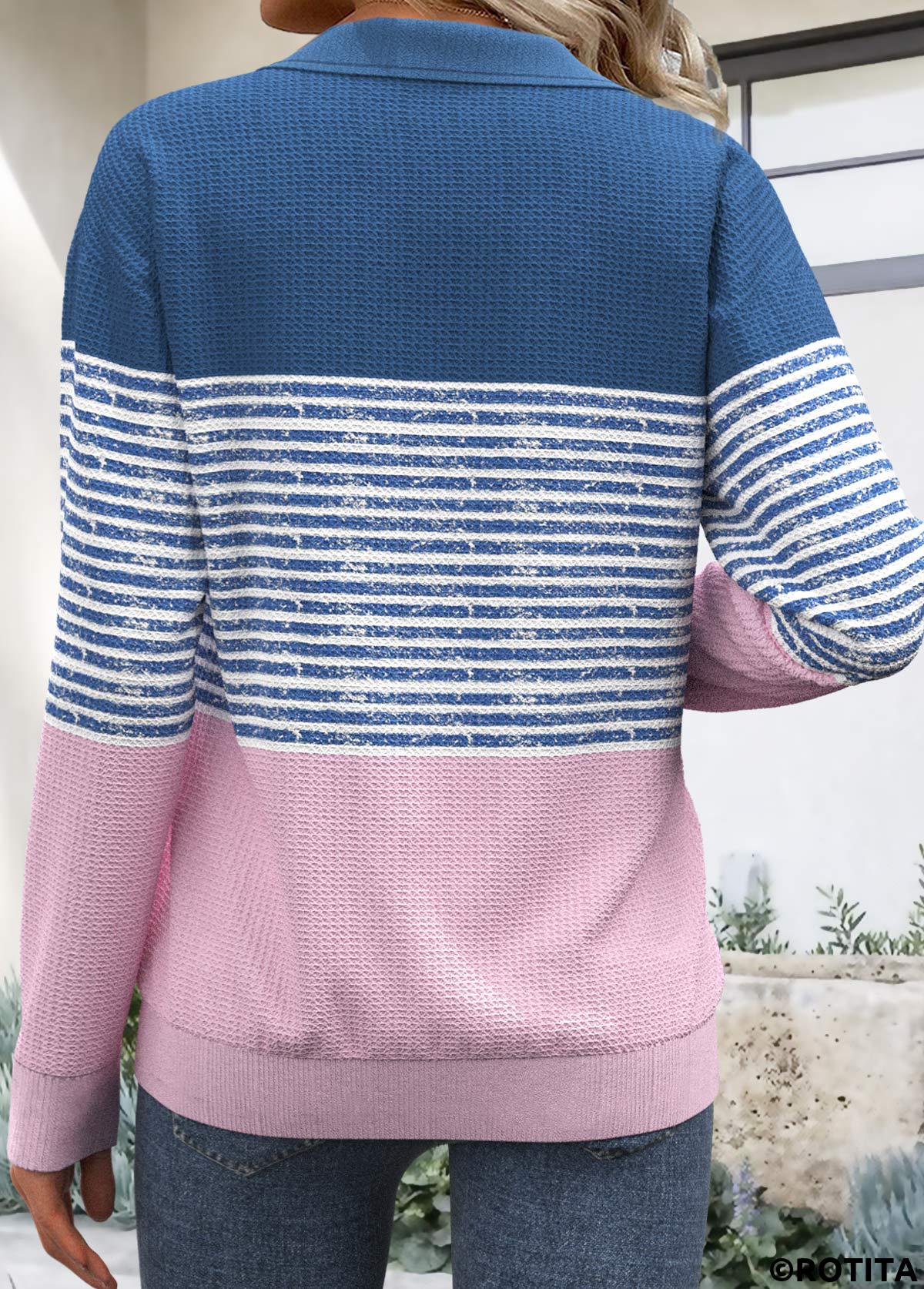 Dusty Blue tops,Pink tops,Striped tops,Geometric tops,ROTITA Zipper Striped Dusty Blue Turn Down Collar Sweatshirt