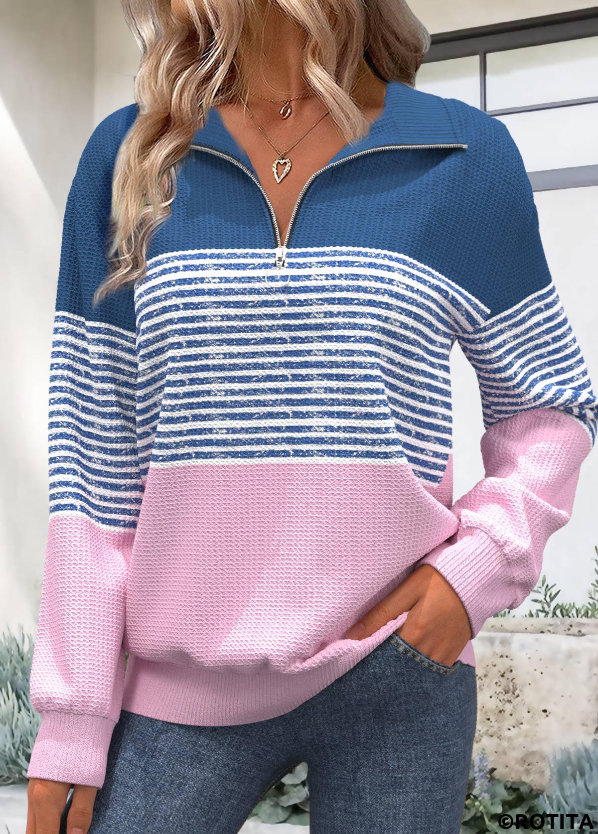 Dusty Blue tops,Pink tops,Striped tops,Geometric tops,ROTITA Zipper Striped Dusty Blue Turn Down Collar Sweatshirt