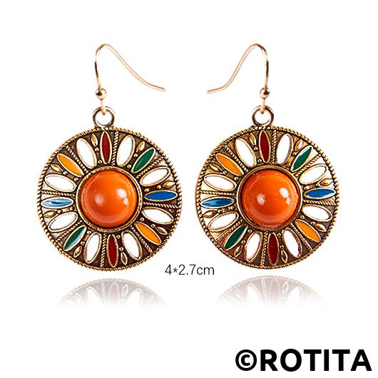 Orange jewelry,Geometric jewelry,Round Orange Alloy Hollow Design Earrings