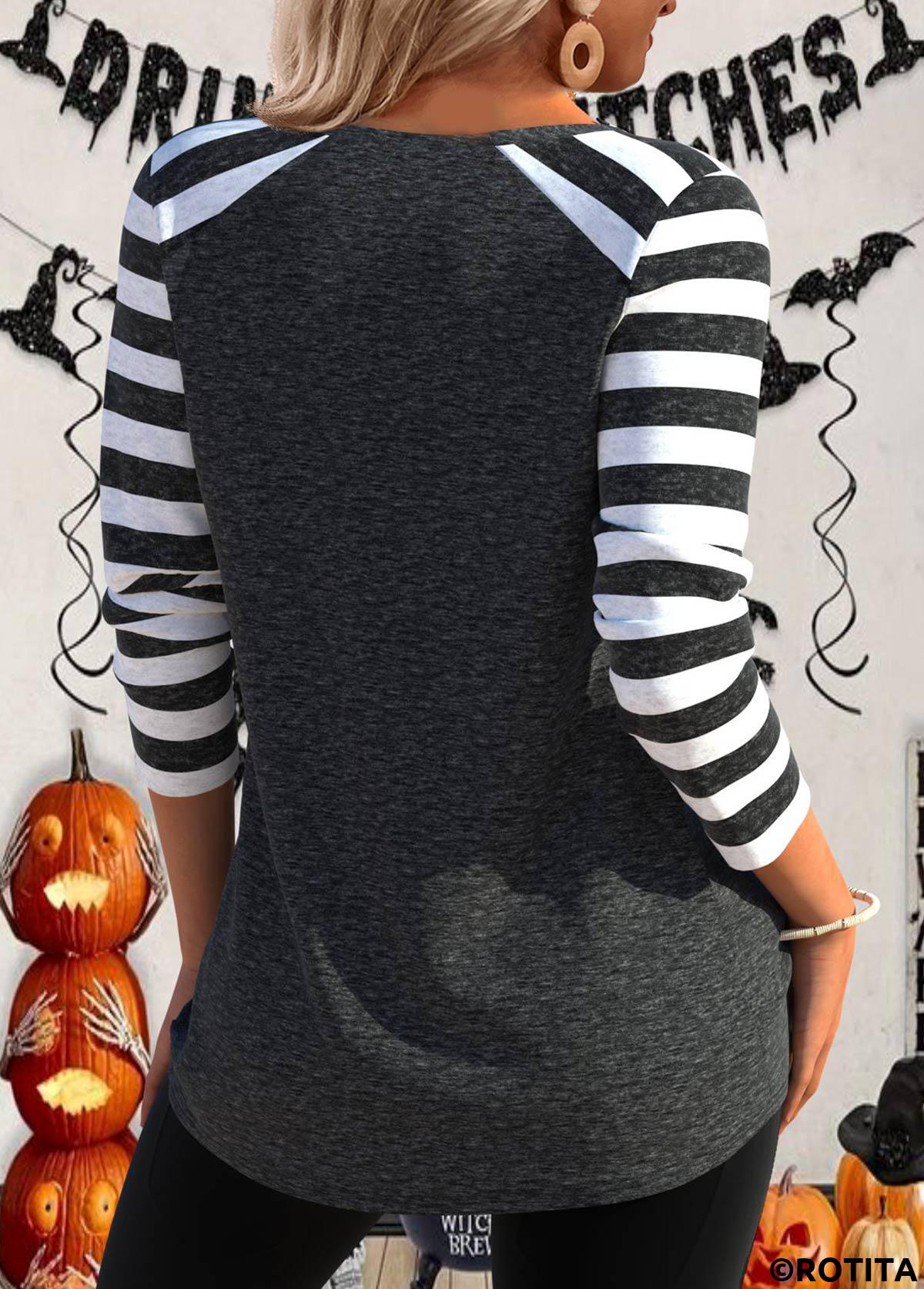 Dark Grey Marl tops,Halloween tops,Striped tops,Geometric tops,ROTITA Button Halloween Print Dark Grey Marl T Shirt