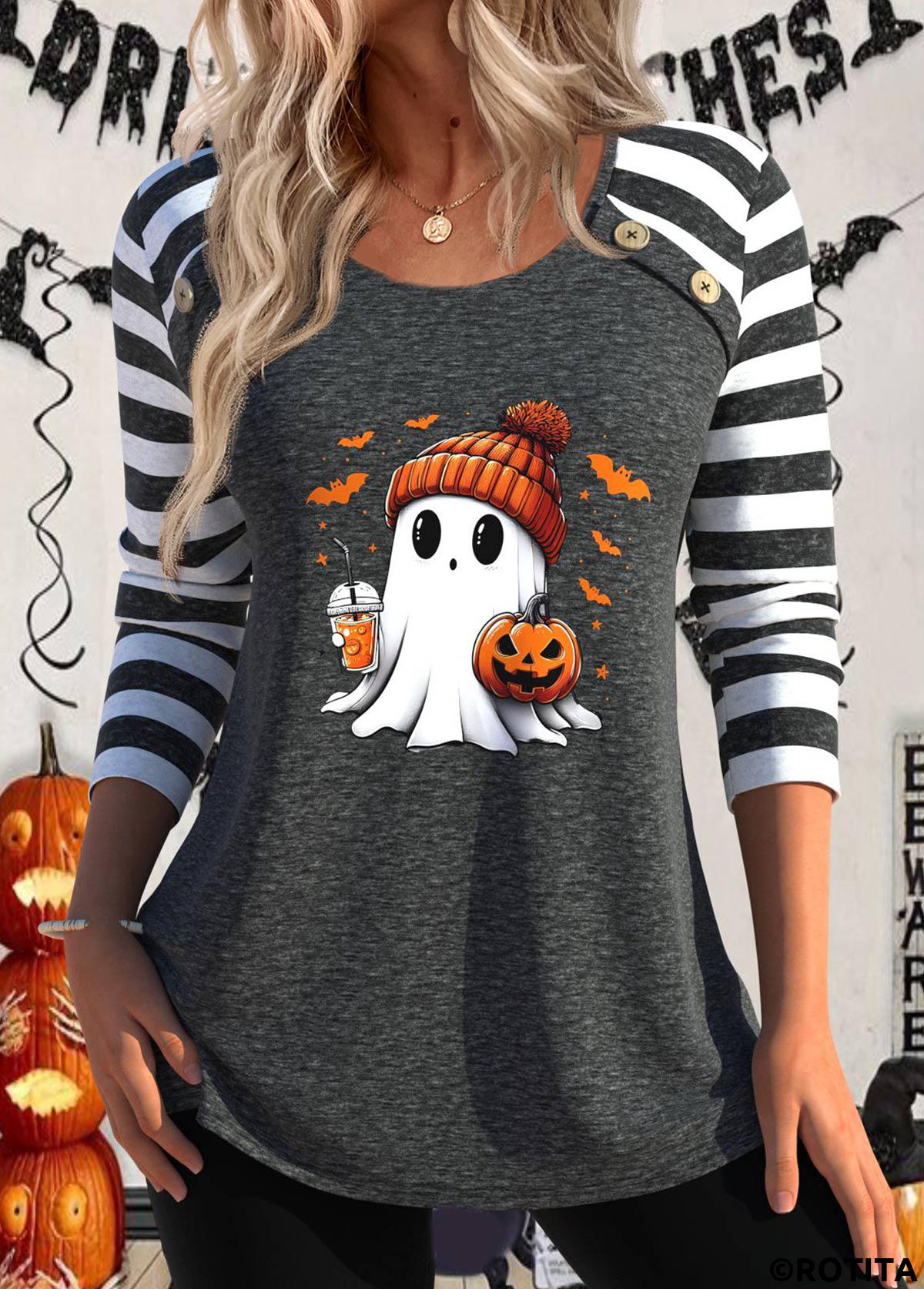 Dark Grey Marl tops,Halloween tops,Striped tops,Geometric tops,ROTITA Button Halloween Print Dark Grey Marl T Shirt