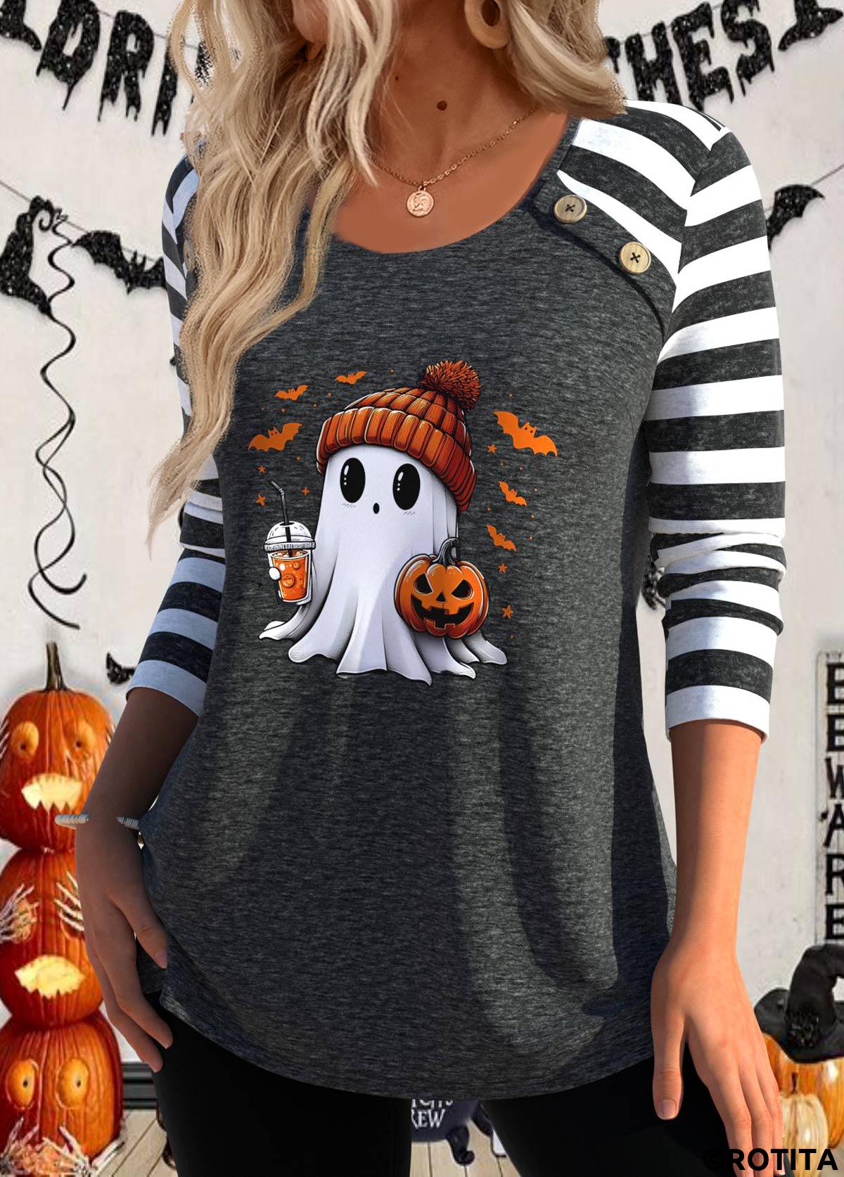 Dark Grey Marl tops,Halloween tops,Striped tops,Geometric tops,ROTITA Button Halloween Print Dark Grey Marl T Shirt