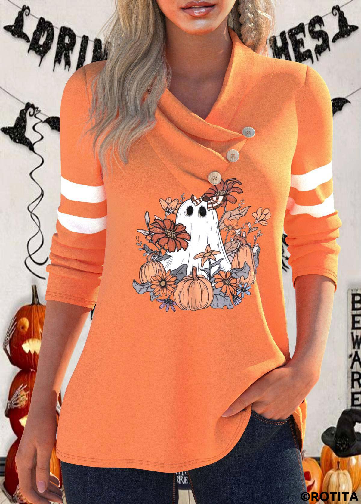 Orange tops,Halloween tops,Plants tops,ROTITA Button Halloween Print Orange Cowl Neck Long Sleeve Sweatshirt