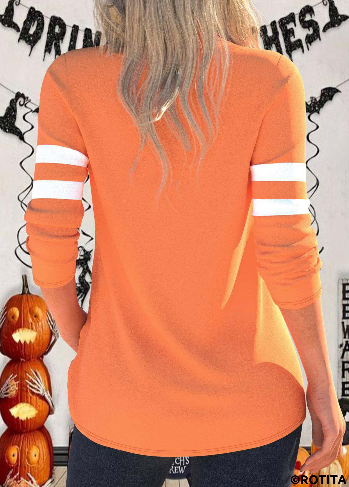 Orange tops,Halloween tops,Plants tops,ROTITA Button Halloween Print Orange Cowl Neck Long Sleeve Sweatshirt