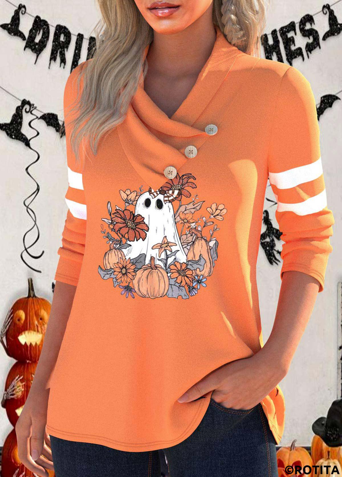 Orange tops,Halloween tops,Plants tops,ROTITA Button Halloween Print Orange Cowl Neck Long Sleeve Sweatshirt