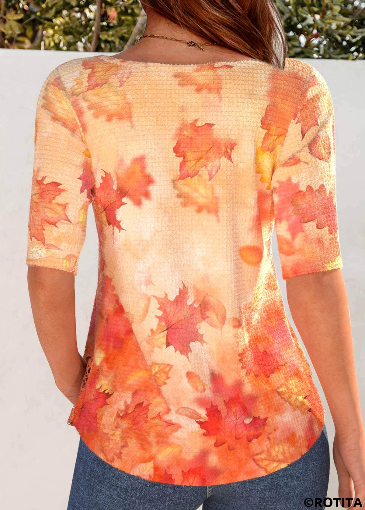 T-shirt orange à col rond avec imprimé de feuilles brodées Rotita