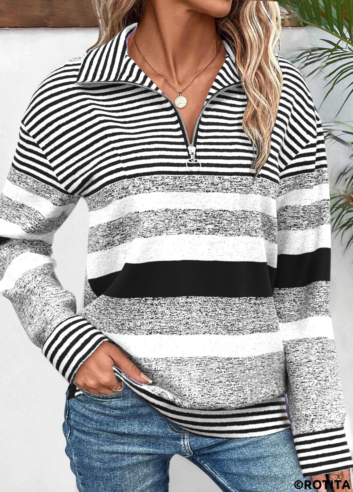 Black tops,Striped tops,Geometric tops,ROTITA Zipper Striped Black Turn Down Collar Long Sleeve Sweatshirt