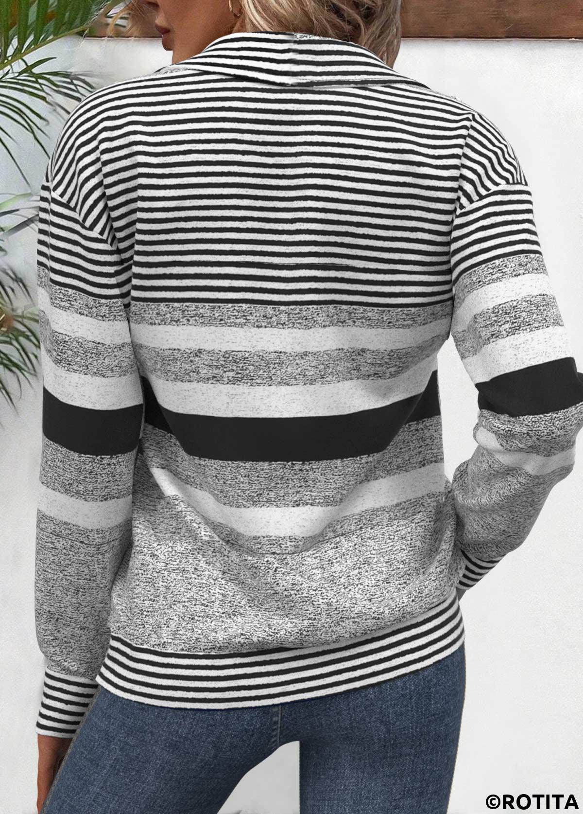 Black tops,Striped tops,Geometric tops,ROTITA Zipper Striped Black Turn Down Collar Long Sleeve Sweatshirt
