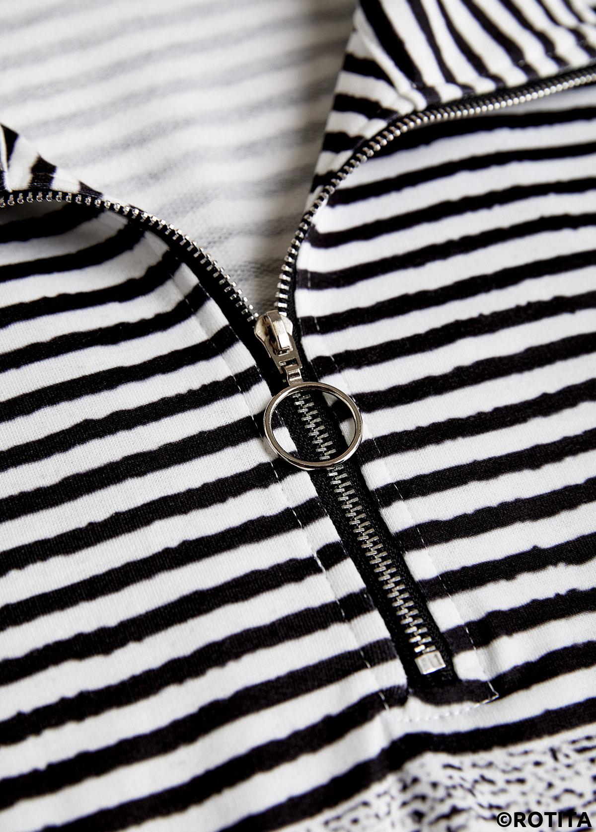 Black tops,Striped tops,Geometric tops,ROTITA Zipper Striped Black Turn Down Collar Long Sleeve Sweatshirt