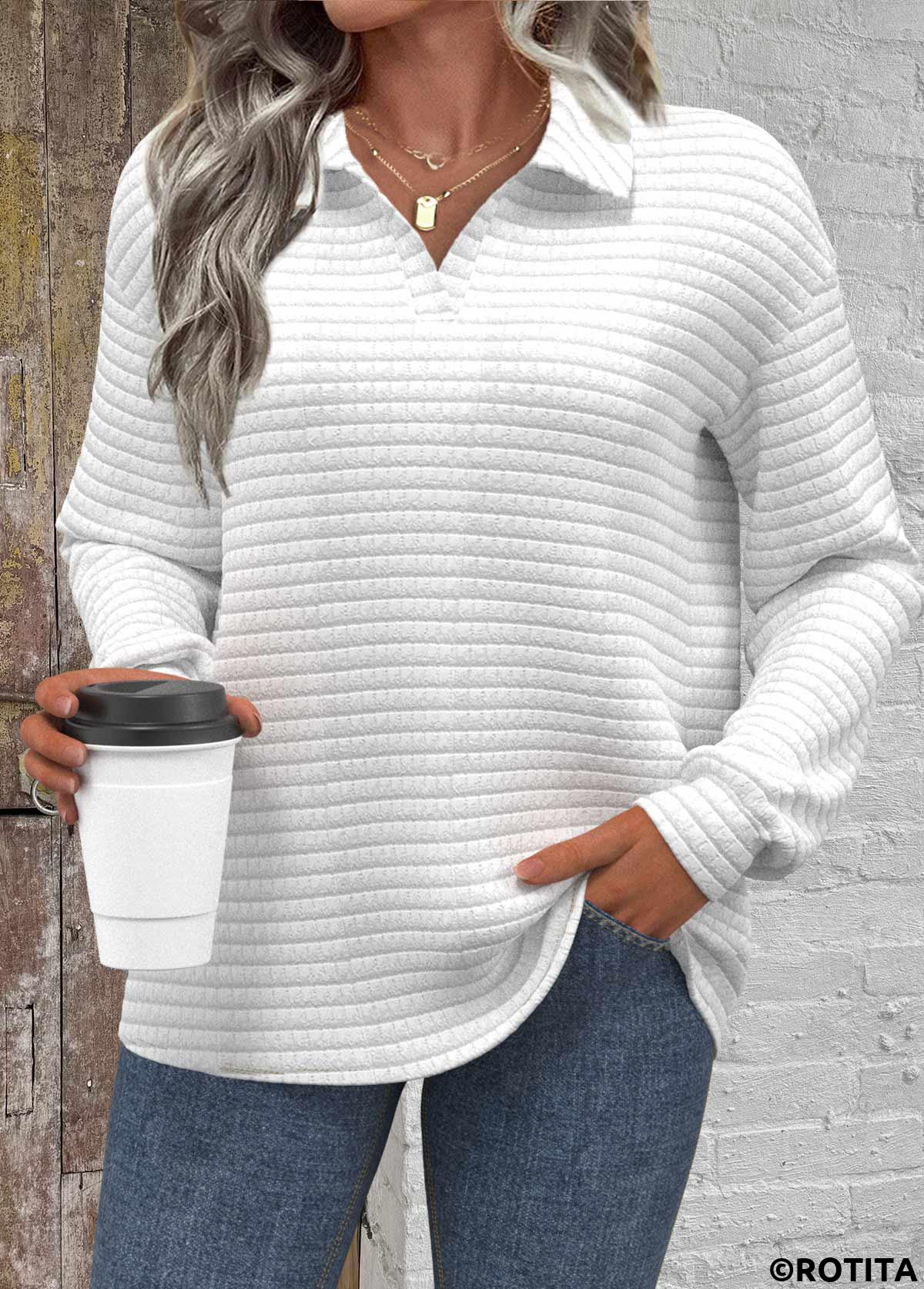 White tops,Plain Color tops,ROTITA Textured Fabric White Turn Down Collar Long Sleeve Sweatshirt