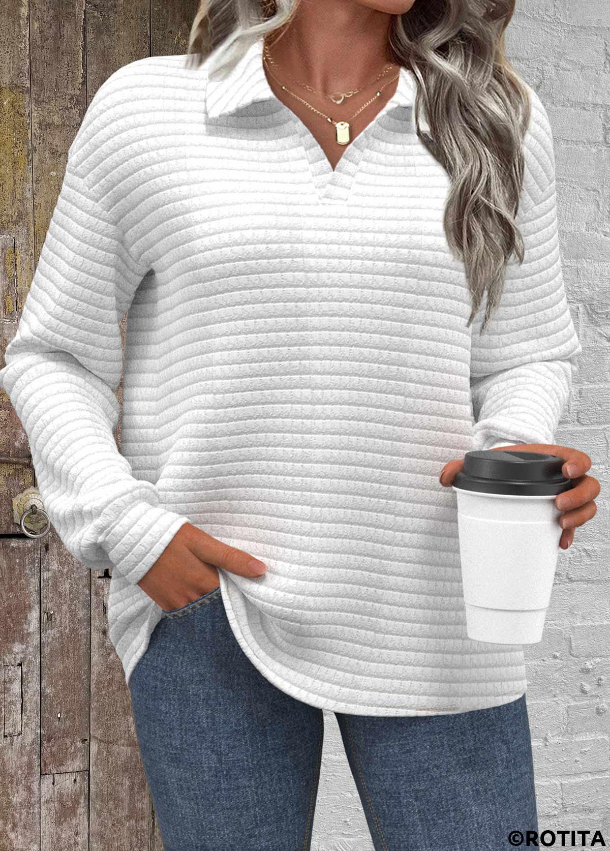 White tops,Plain Color tops,ROTITA Textured Fabric White Turn Down Collar Long Sleeve Sweatshirt
