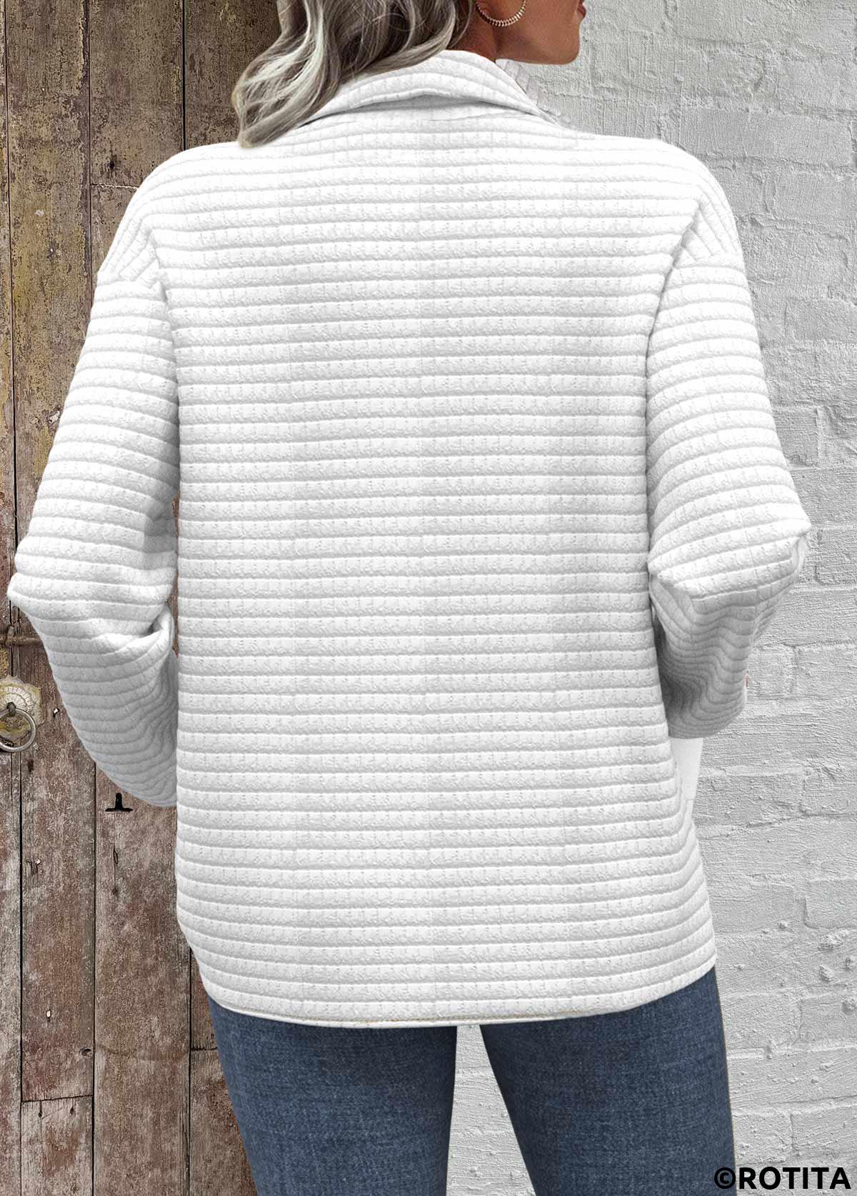 White tops,Plain Color tops,ROTITA Textured Fabric White Turn Down Collar Long Sleeve Sweatshirt