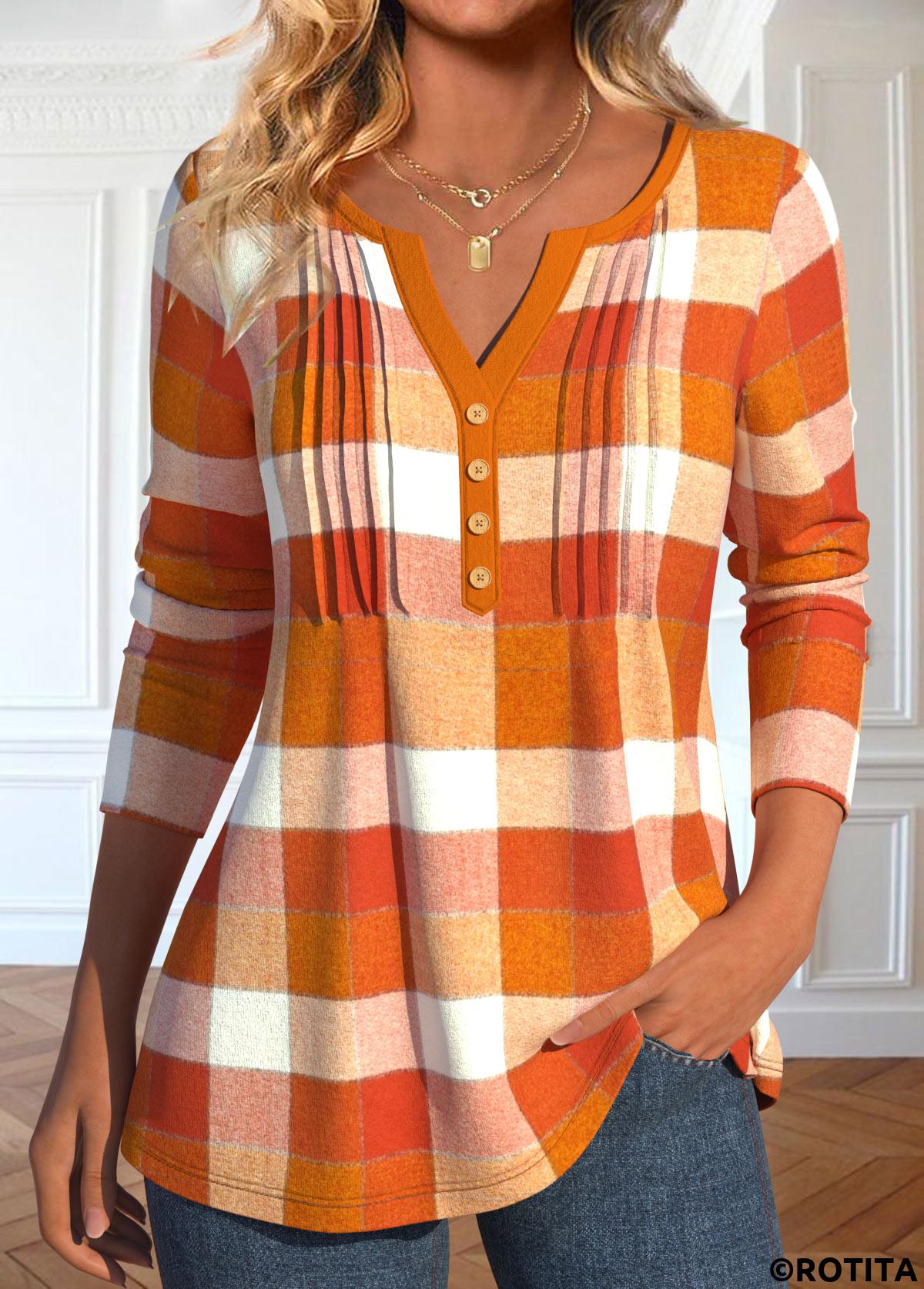 T-Shirt mit Schlitzkragen und Rotita-Stichmuster in Orange