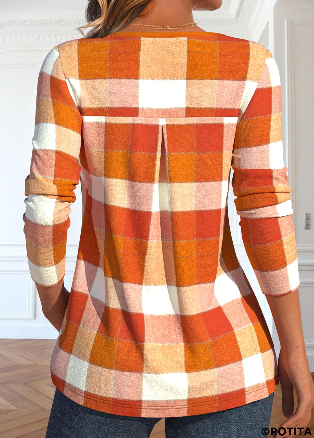 T-Shirt mit Schlitzkragen und Rotita-Stichmuster in Orange