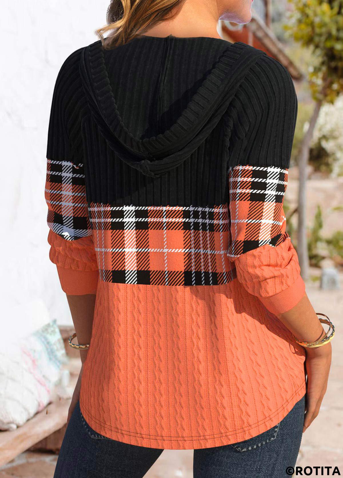 Orange plus size,Black plus size,Plaid plus size,ROTITA Plus Size Patchwork Orange Plaid Long Sleeve Hoodie