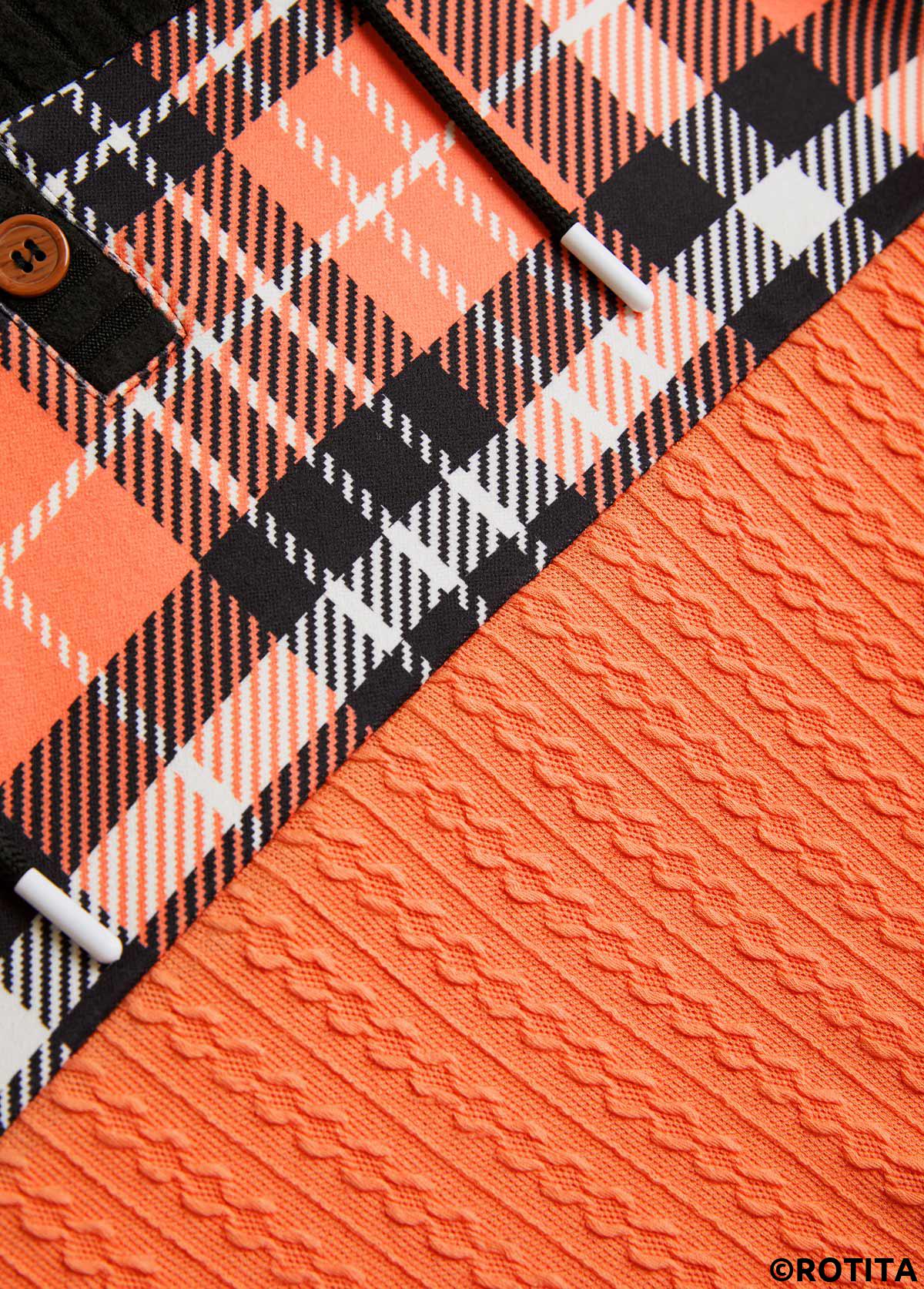 Orange plus size,Black plus size,Plaid plus size,ROTITA Plus Size Patchwork Orange Plaid Long Sleeve Hoodie