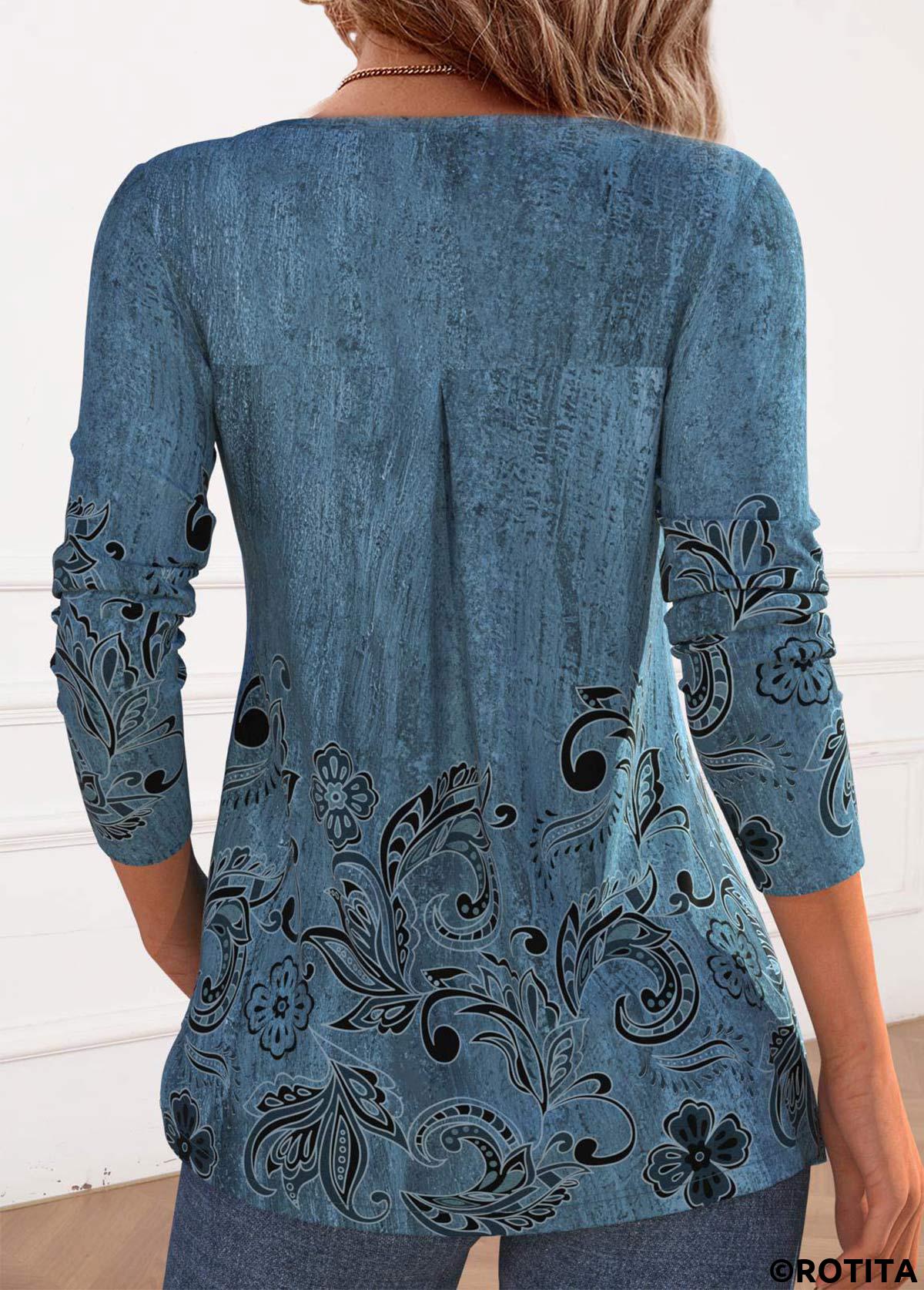 Blue tops,Floral tops,Plants tops,ROTITA Button Floral Print Blue Split Neck T Shirt
