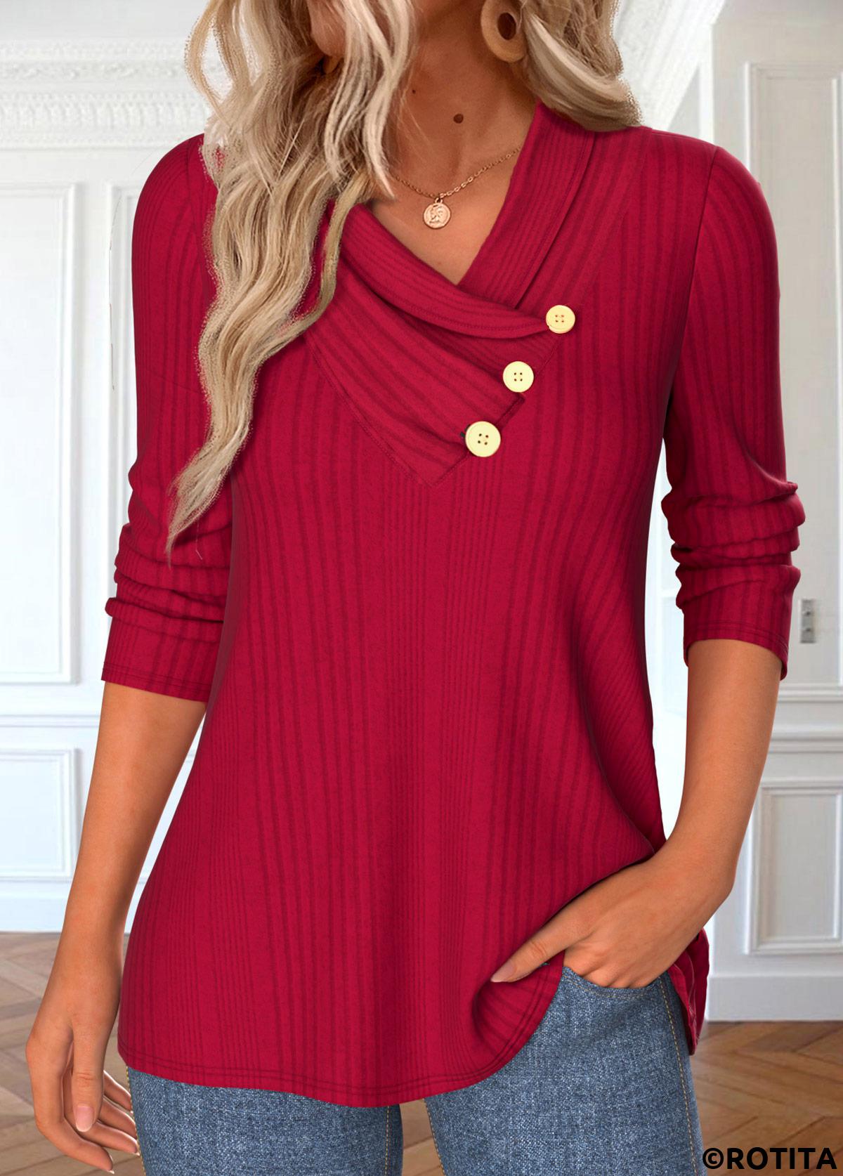 Red tops,Plain Color tops,ROTITA Button Red V Neck Long Sleeve T Shirt