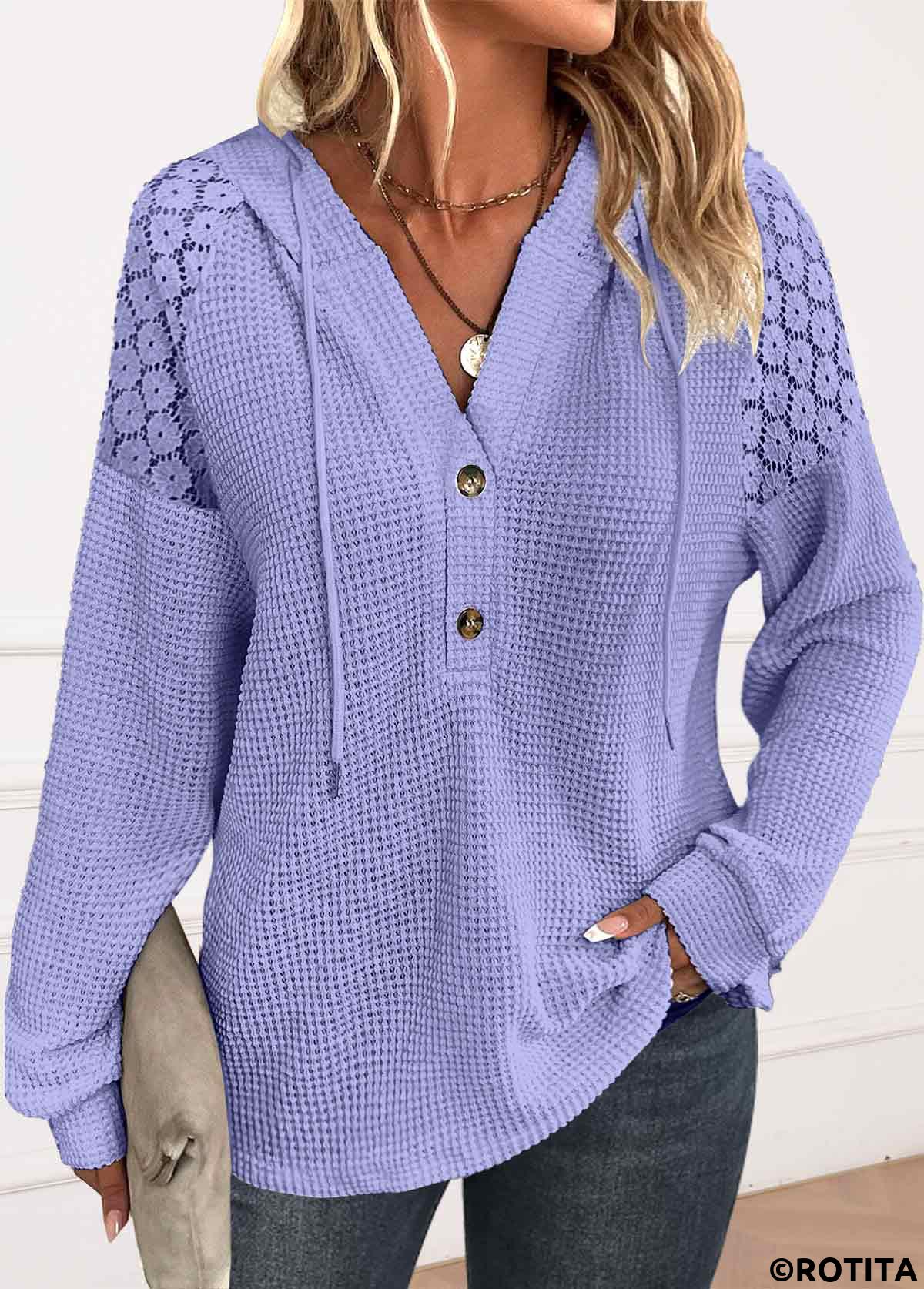 Light Purple tops,Plain Color tops,ROTITA Lace Light Purple Long Sleeve Hoodie