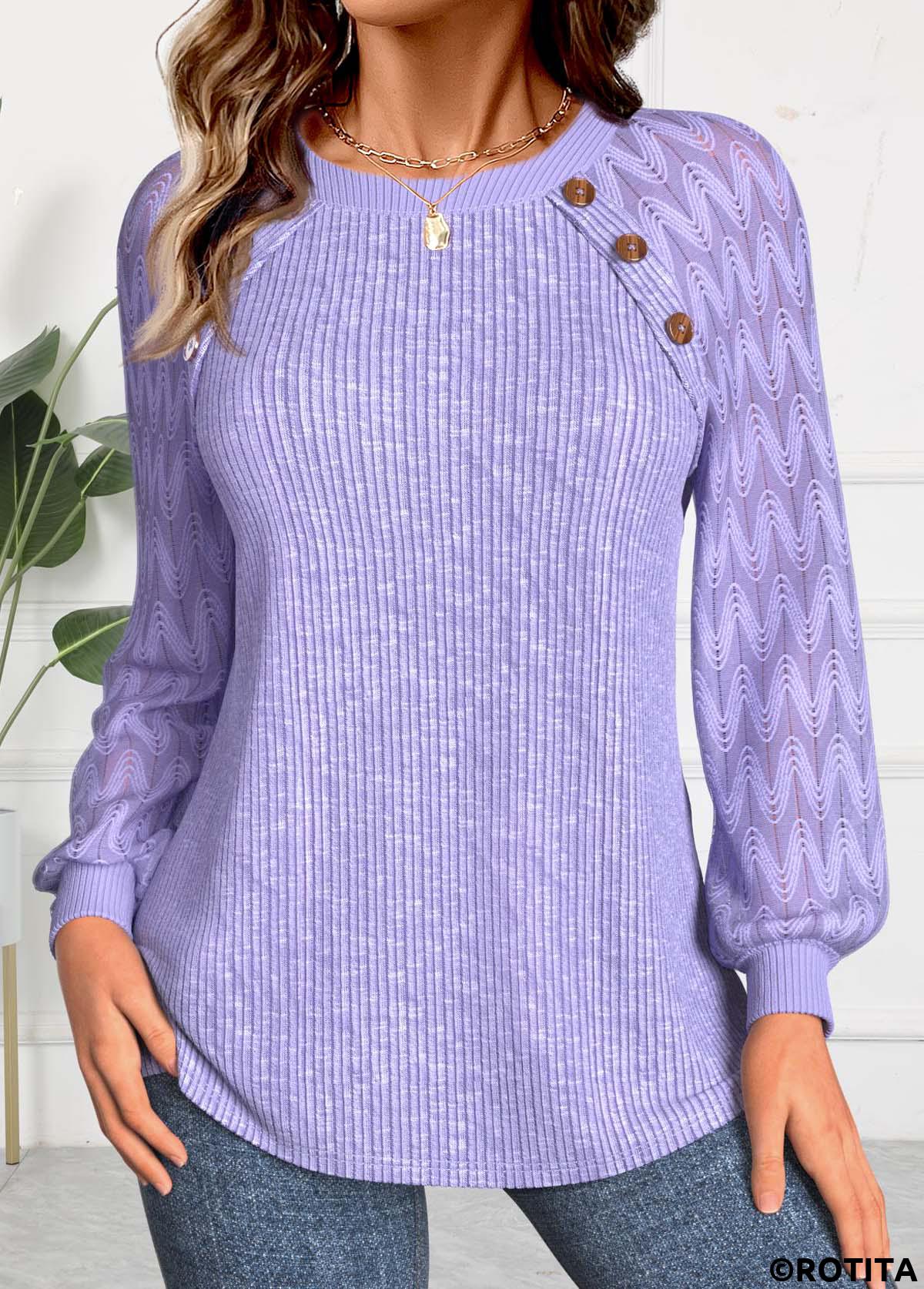 Light Purple tops,Plain Color tops,ROTITA Lace Light Purple Round Neck Long Sleeve Sweatshirt