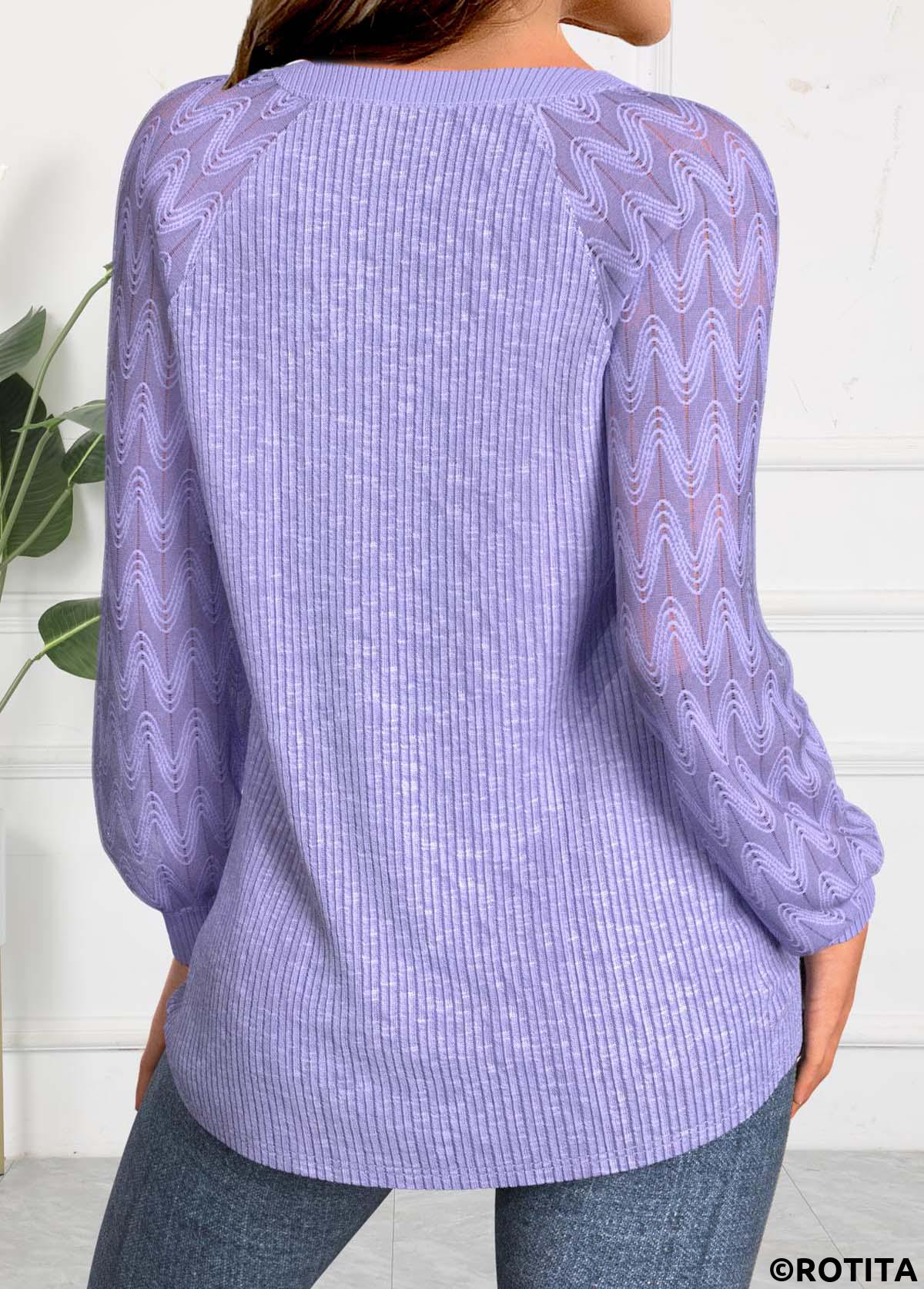 Light Purple tops,Plain Color tops,ROTITA Lace Light Purple Round Neck Long Sleeve Sweatshirt