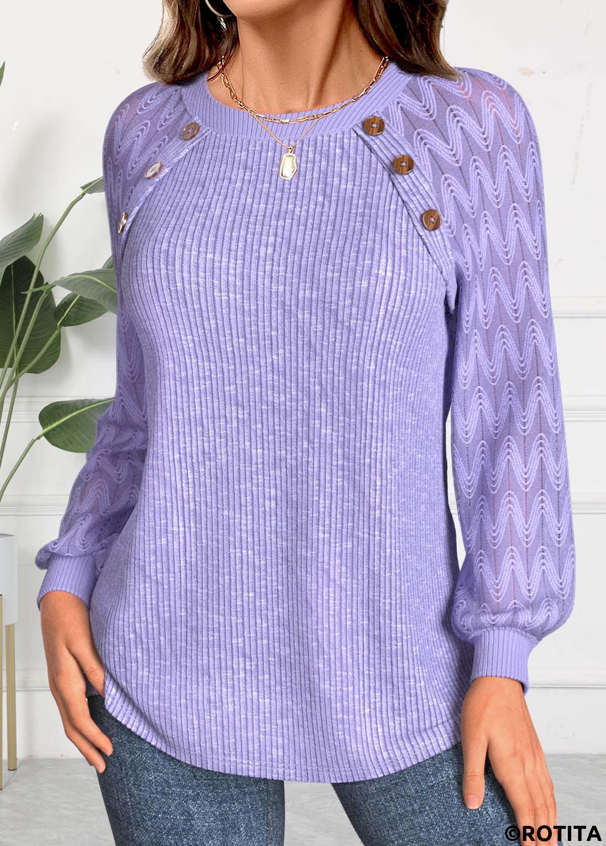 Light Purple tops,Plain Color tops,ROTITA Lace Light Purple Round Neck Long Sleeve Sweatshirt