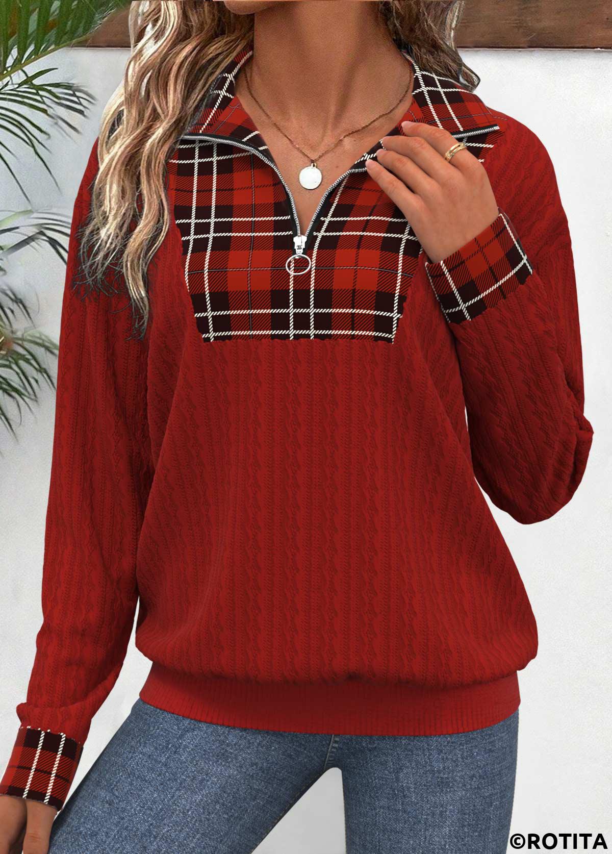 Deep Red tops,Plaid tops,ROTITA Patchwork Plaid Deep Red Turn Down Collar Sweatshirt