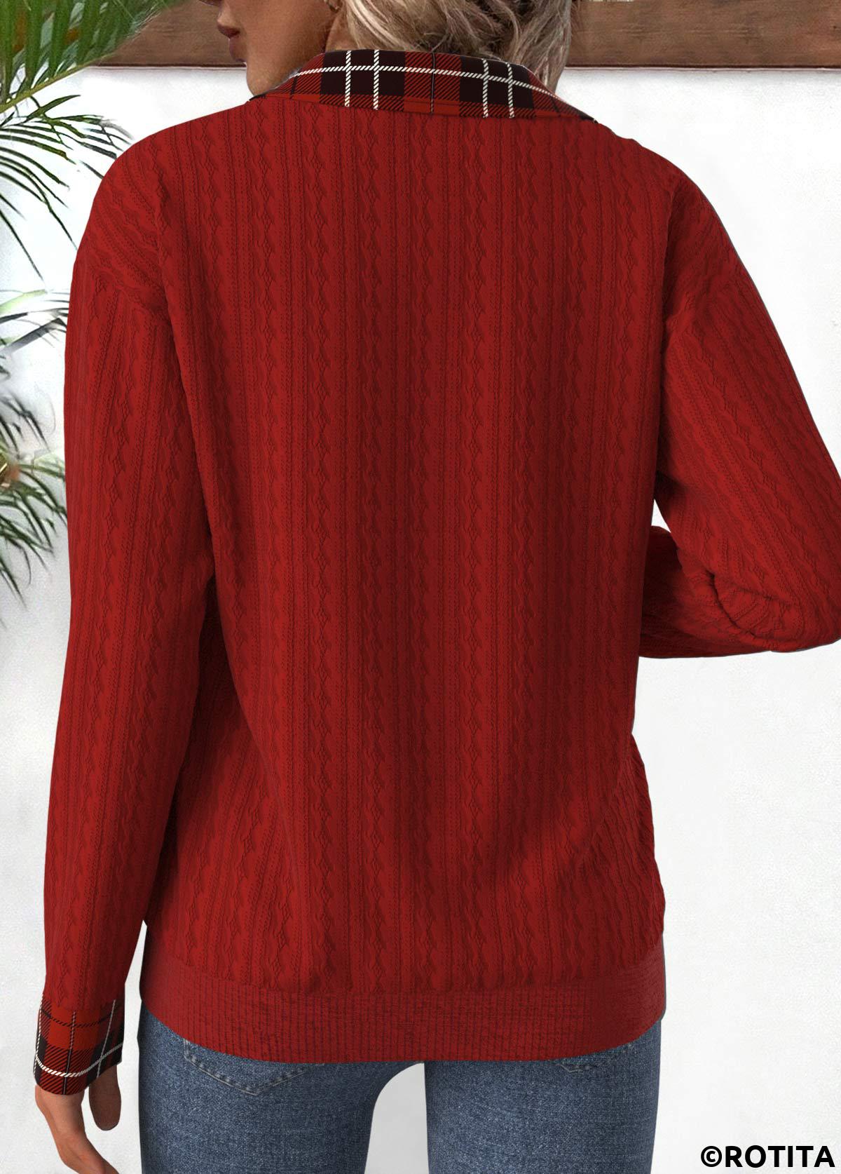 Deep Red tops,Plaid tops,ROTITA Patchwork Plaid Deep Red Turn Down Collar Sweatshirt
