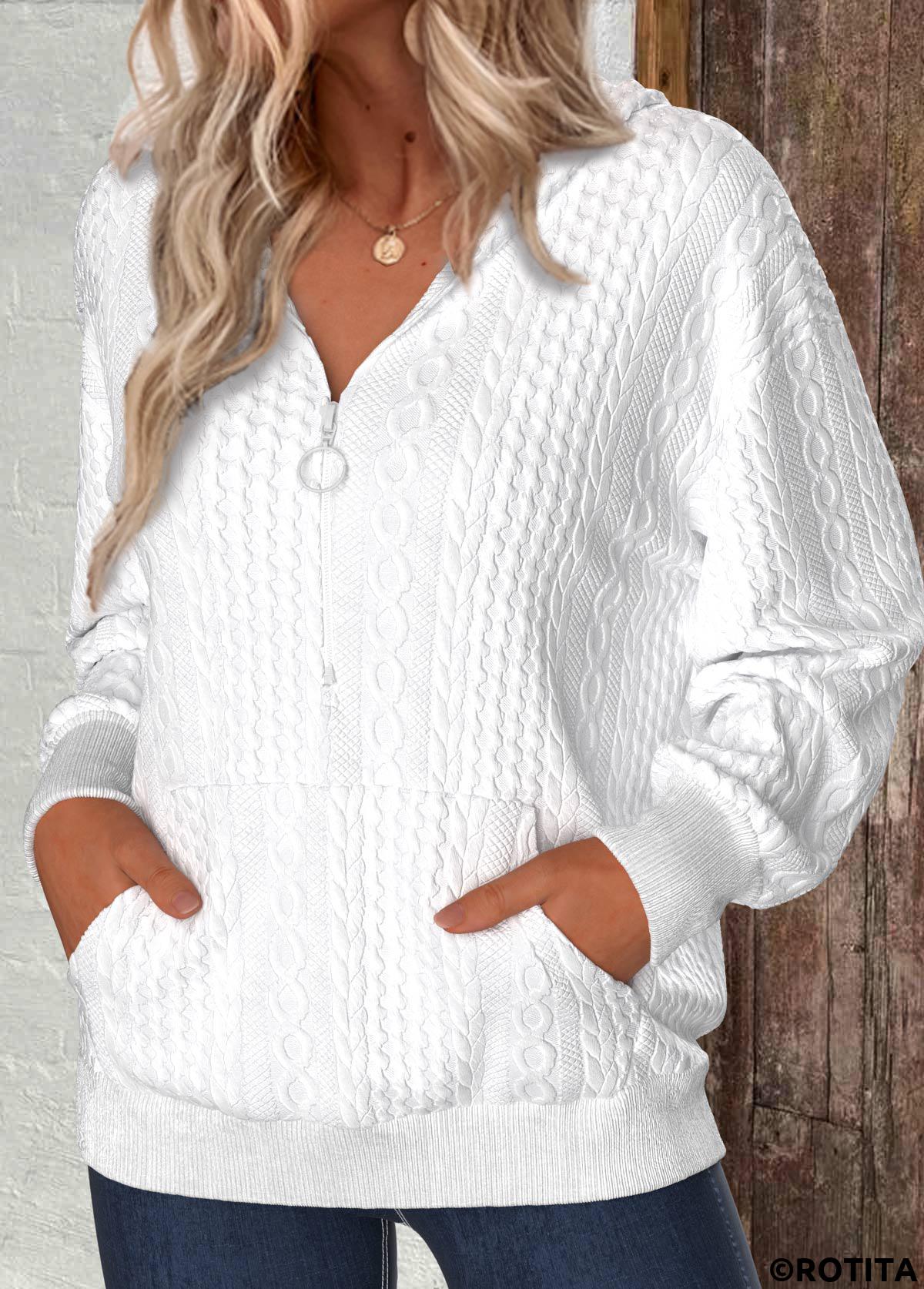 ROTITA Zipper White V Neck Long Sleeve Hoodie