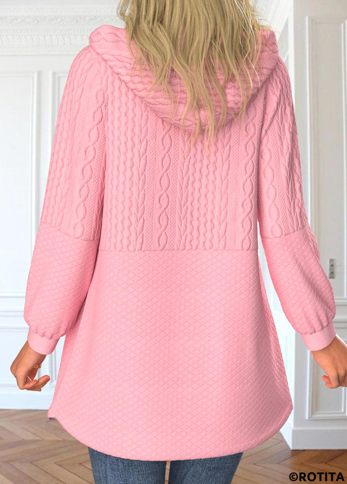 Pink tops,Plain Color tops,ROTITA Zipper Pink Hooded Long Sleeve Jacket