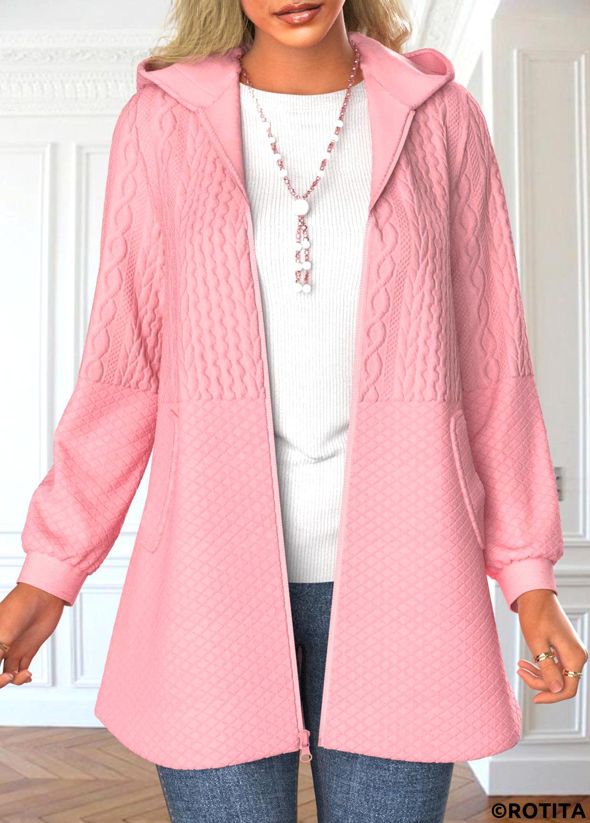 Pink tops,Plain Color tops,ROTITA Zipper Pink Hooded Long Sleeve Jacket