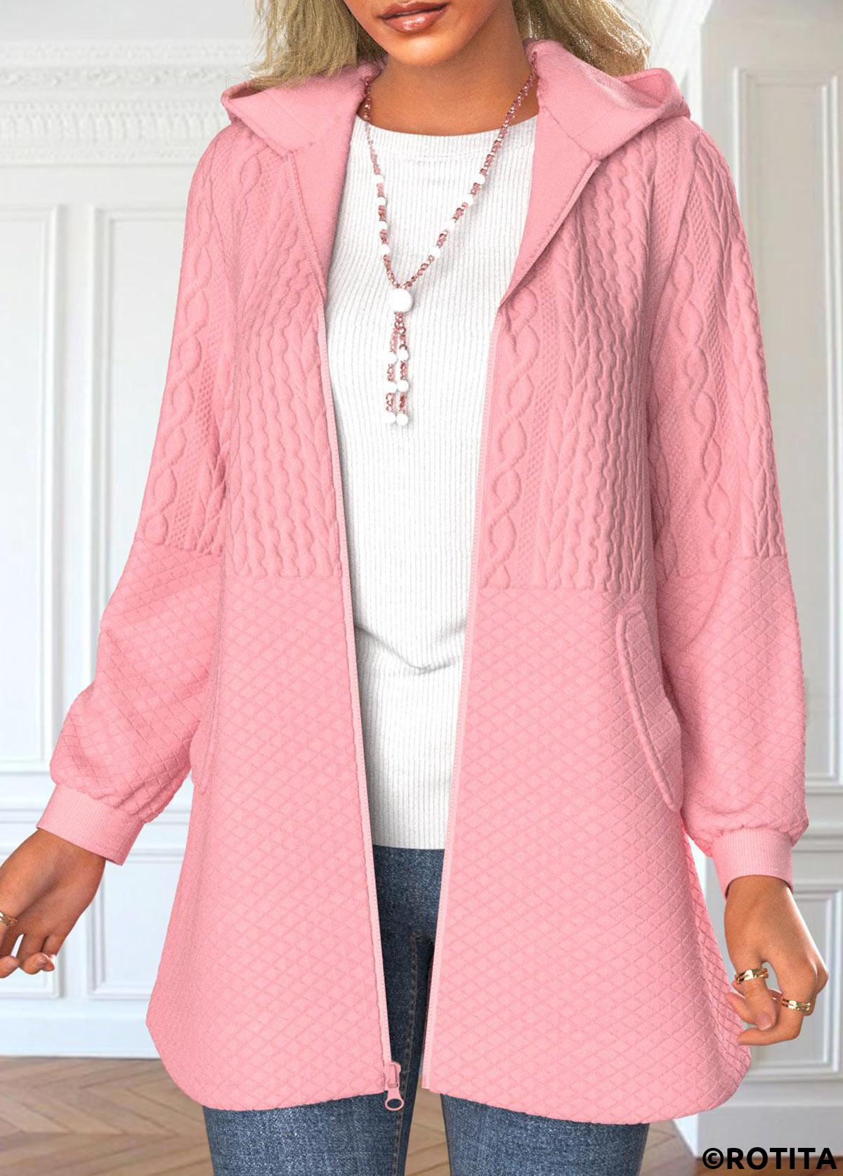 Pink tops,Plain Color tops,ROTITA Zipper Pink Hooded Long Sleeve Jacket