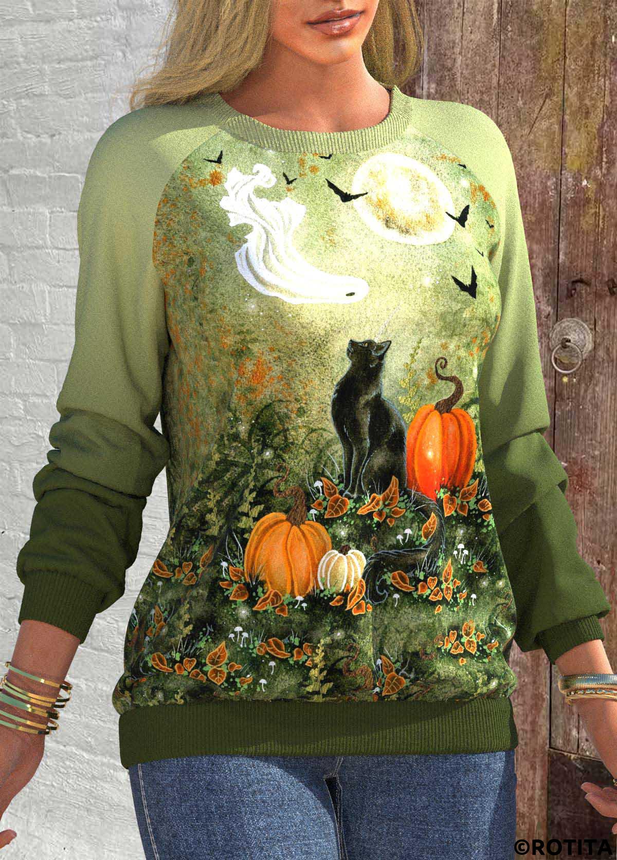 Olive Green tops,Halloween tops,Plants tops,Animal Print tops,ROTITA Halloween Patchwork Olive Green Round Neck Long Sleeve Sweatshirt