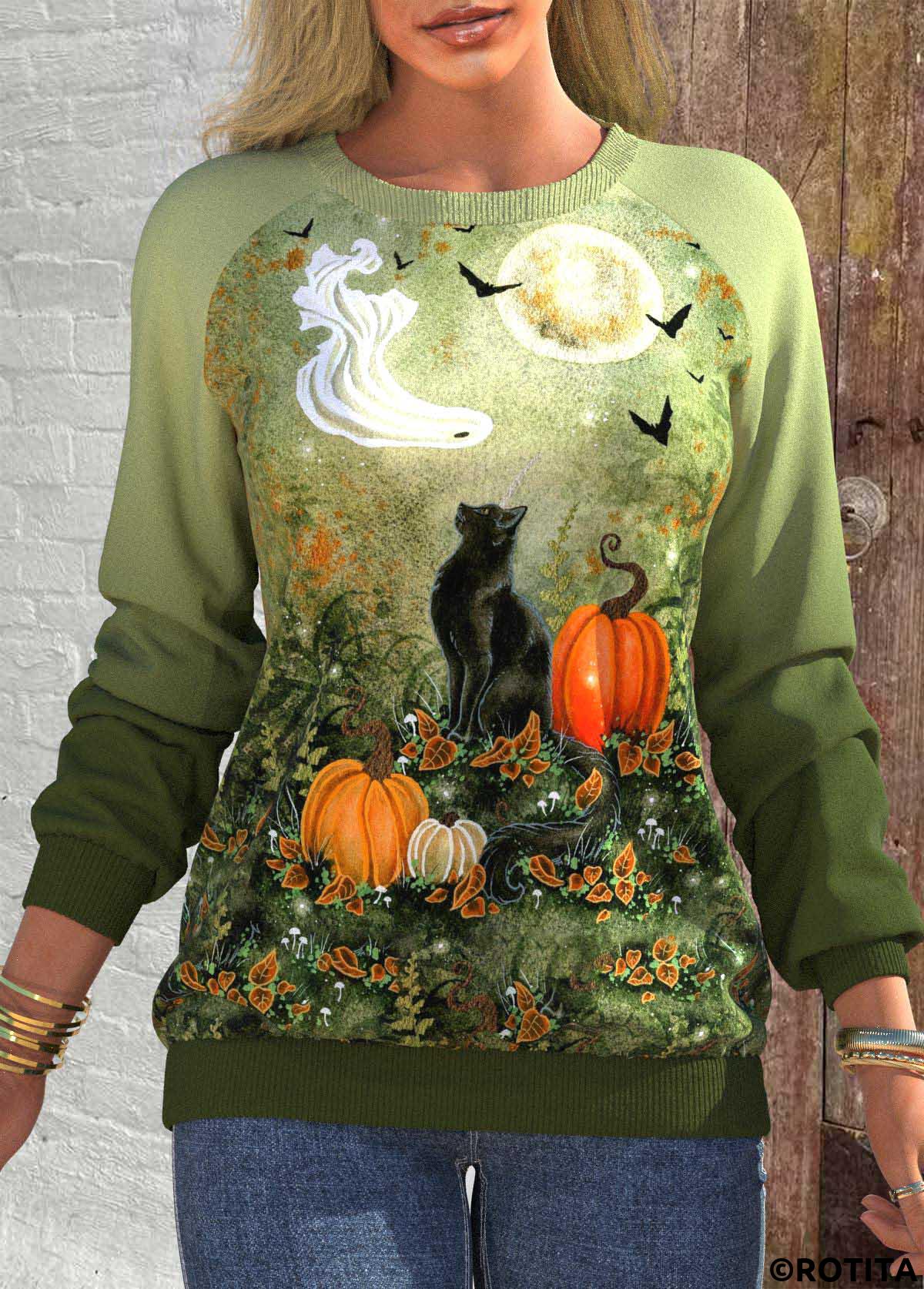 Olive Green tops,Halloween tops,Plants tops,Animal Print tops,ROTITA Halloween Patchwork Olive Green Round Neck Long Sleeve Sweatshirt