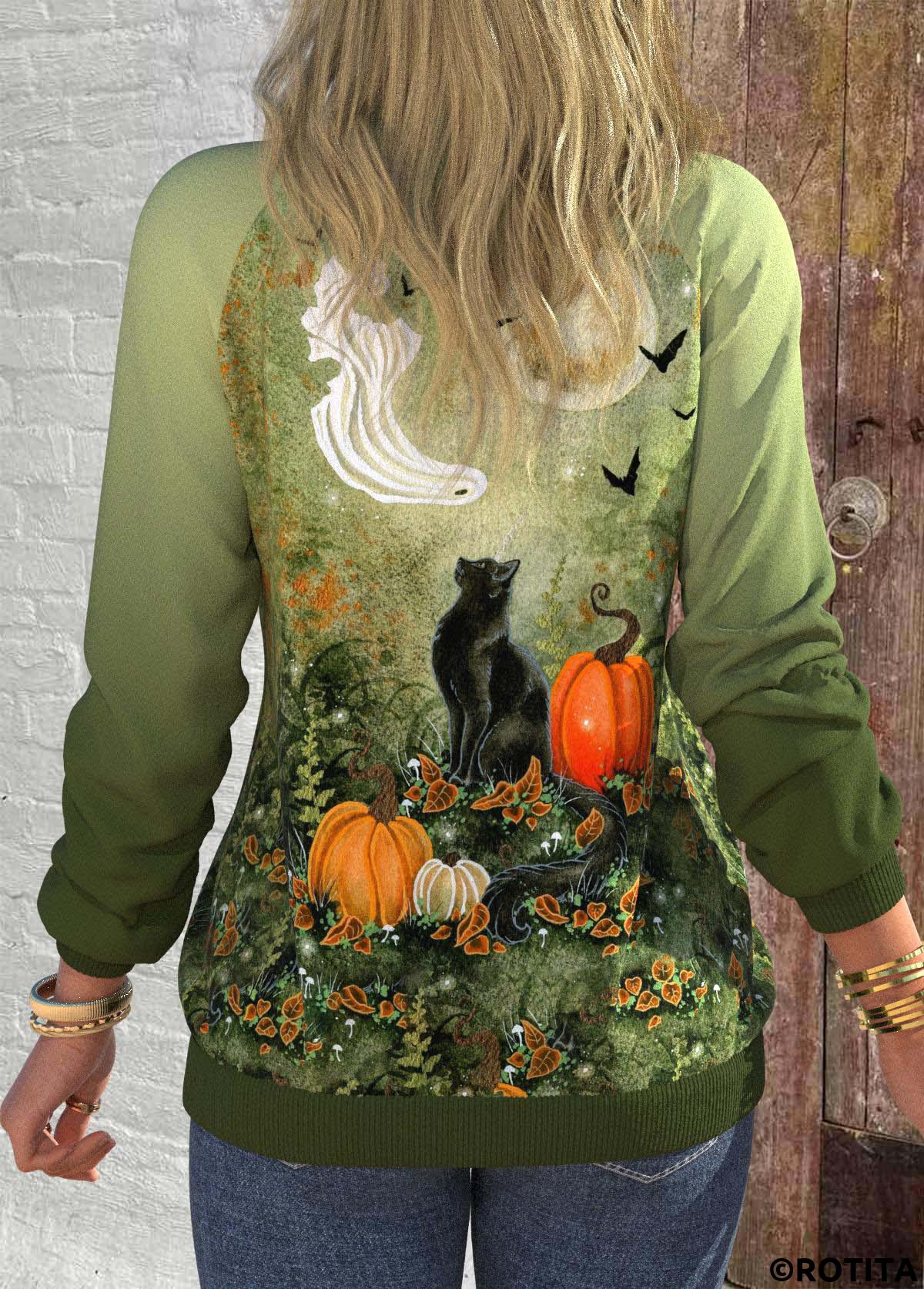 Olive Green tops,Halloween tops,Plants tops,Animal Print tops,ROTITA Halloween Patchwork Olive Green Round Neck Long Sleeve Sweatshirt