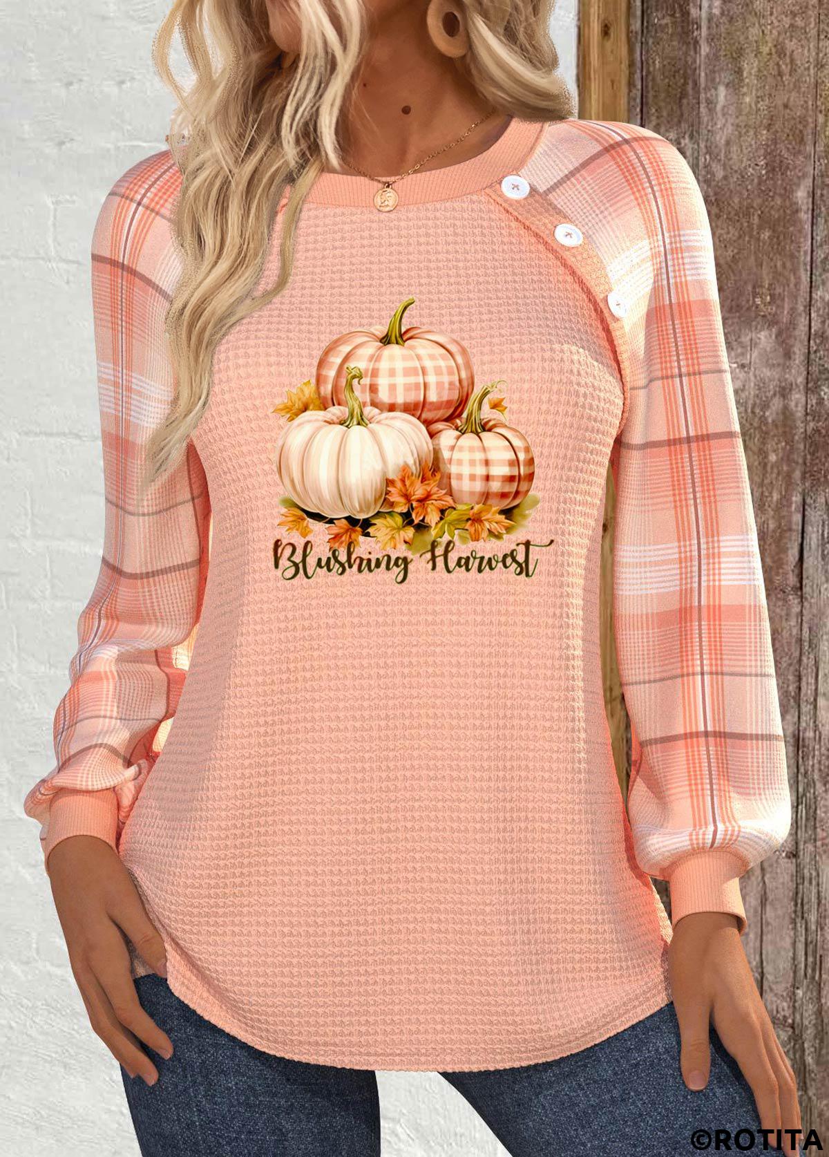 Dusty Pink tops,Halloween tops,Striped tops,Letter tops,Geometric tops,ROTITA Halloween Button Dusty Pink Round Neck Long Sleeve Sweatshirt