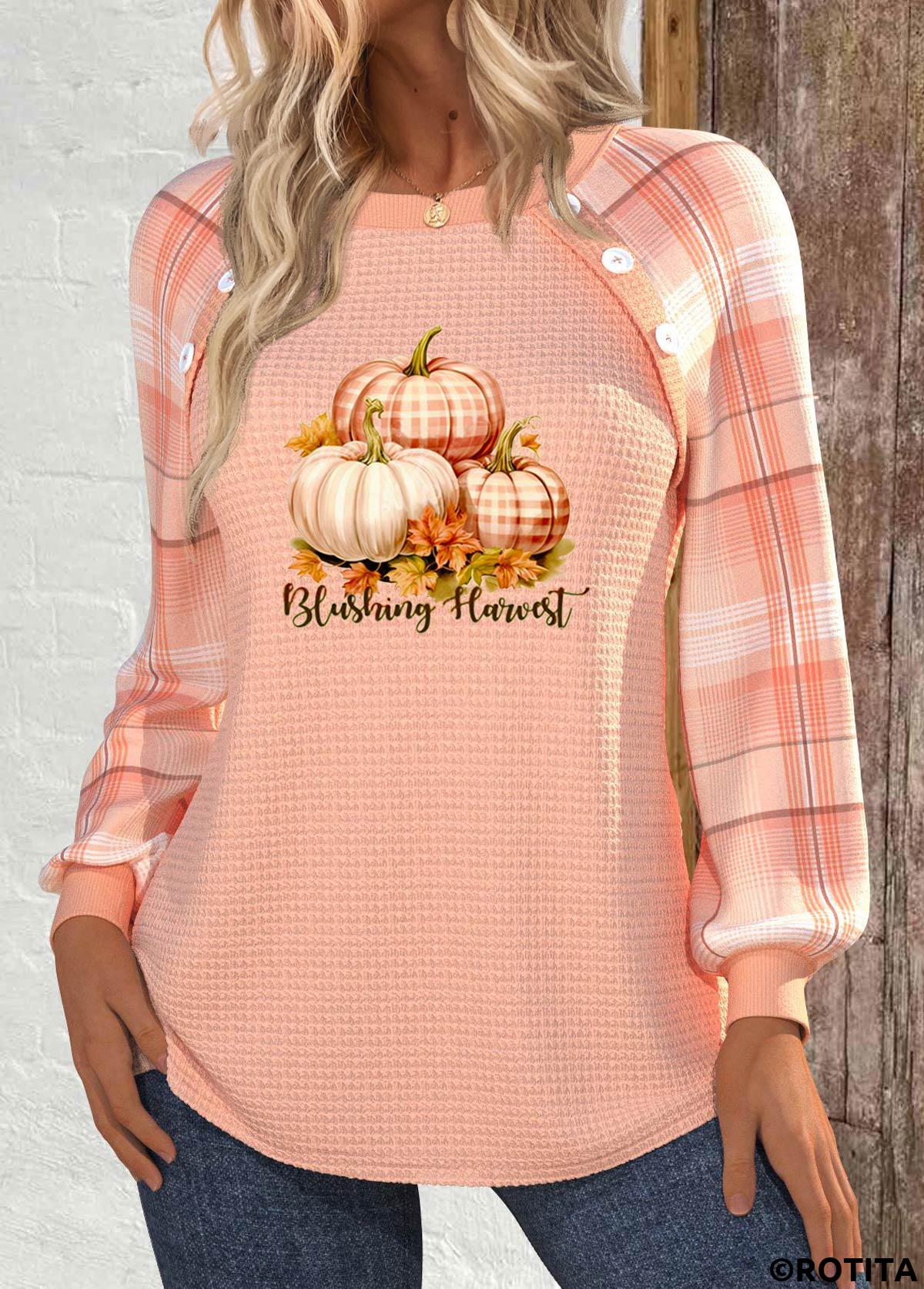 Dusty Pink tops,Halloween tops,Striped tops,Letter tops,Geometric tops,ROTITA Halloween Button Dusty Pink Round Neck Long Sleeve Sweatshirt