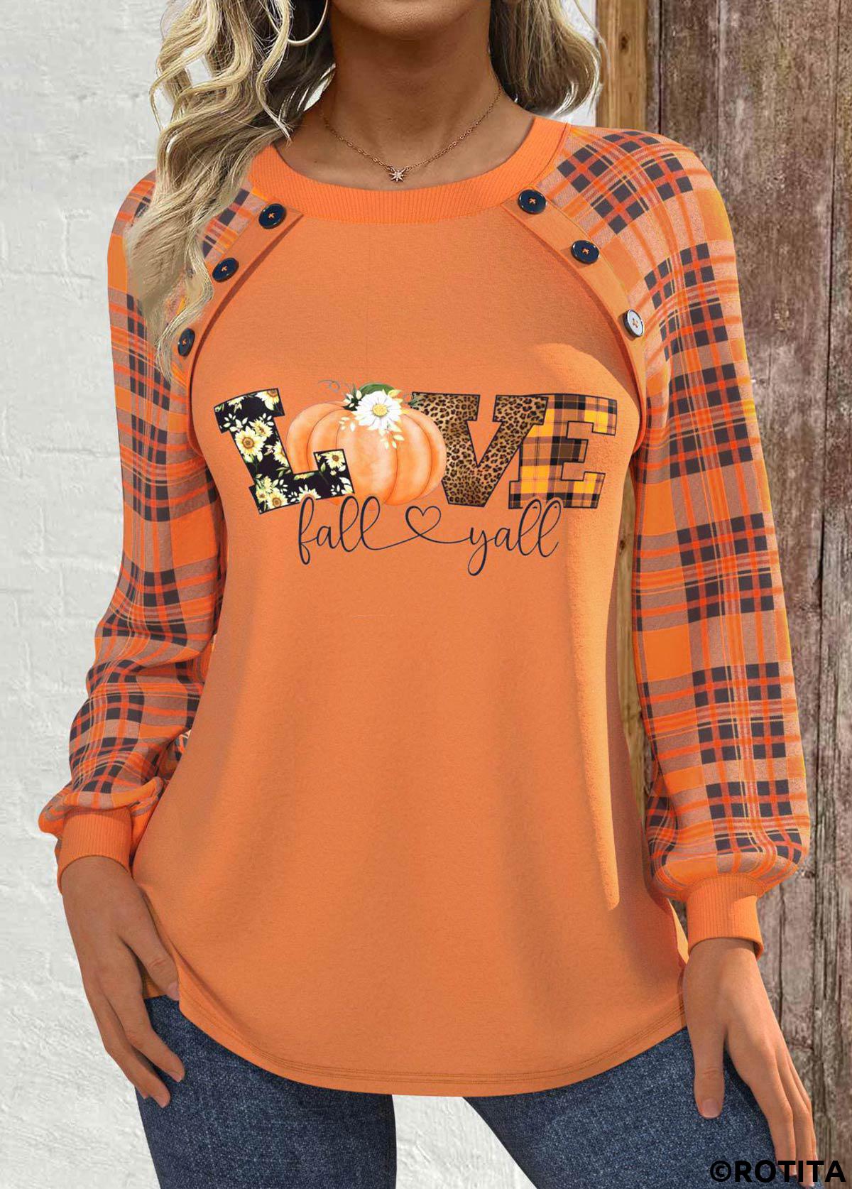 Orange plus size,Halloween plus size,Plaid plus size,Leopard plus size,Letter plus size,ROTITA Halloween Plus Size Patchwork Orange Round Neck Sweatshirt