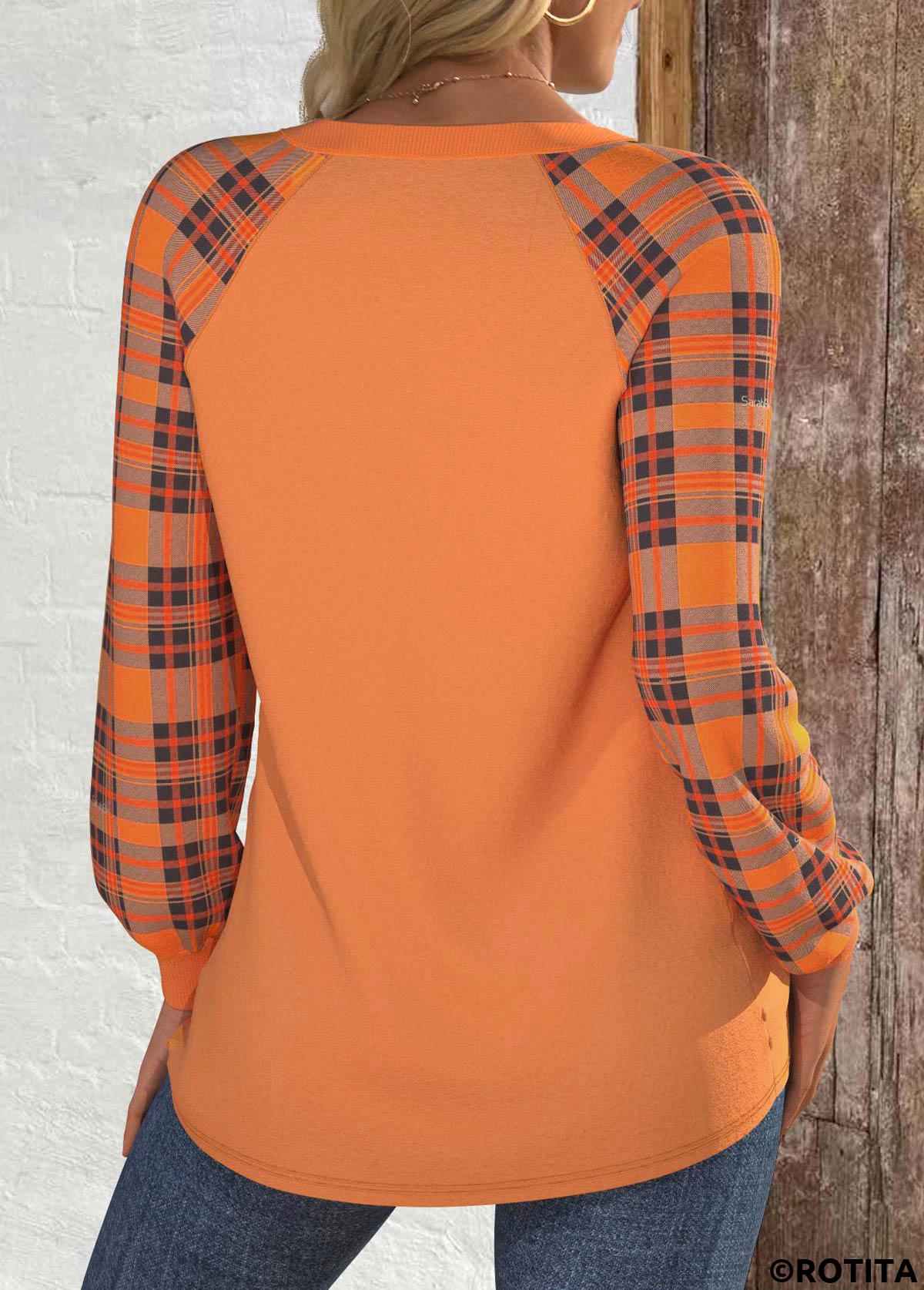 Orange plus size,Halloween plus size,Plaid plus size,Leopard plus size,Letter plus size,ROTITA Halloween Plus Size Patchwork Orange Round Neck Sweatshirt