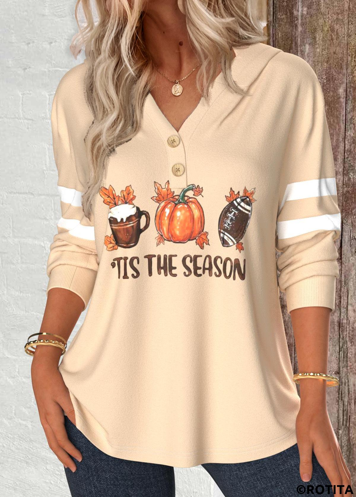 Light Camel tops,Halloween tops,Striped tops,Letter tops,ROTITA Button Pumpkin Print Light Camel Long Sleeve Hoodie